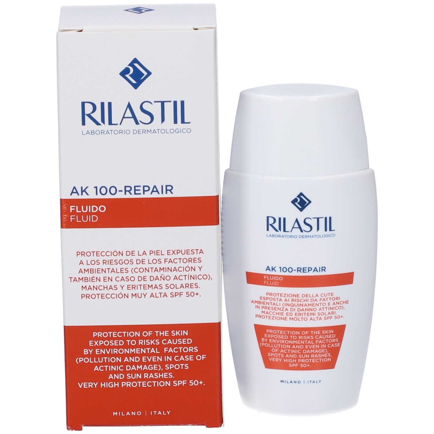 Rilastil AK 100-Repair Fluid e confezione. Bianco con banda rossa. Testo e logo.