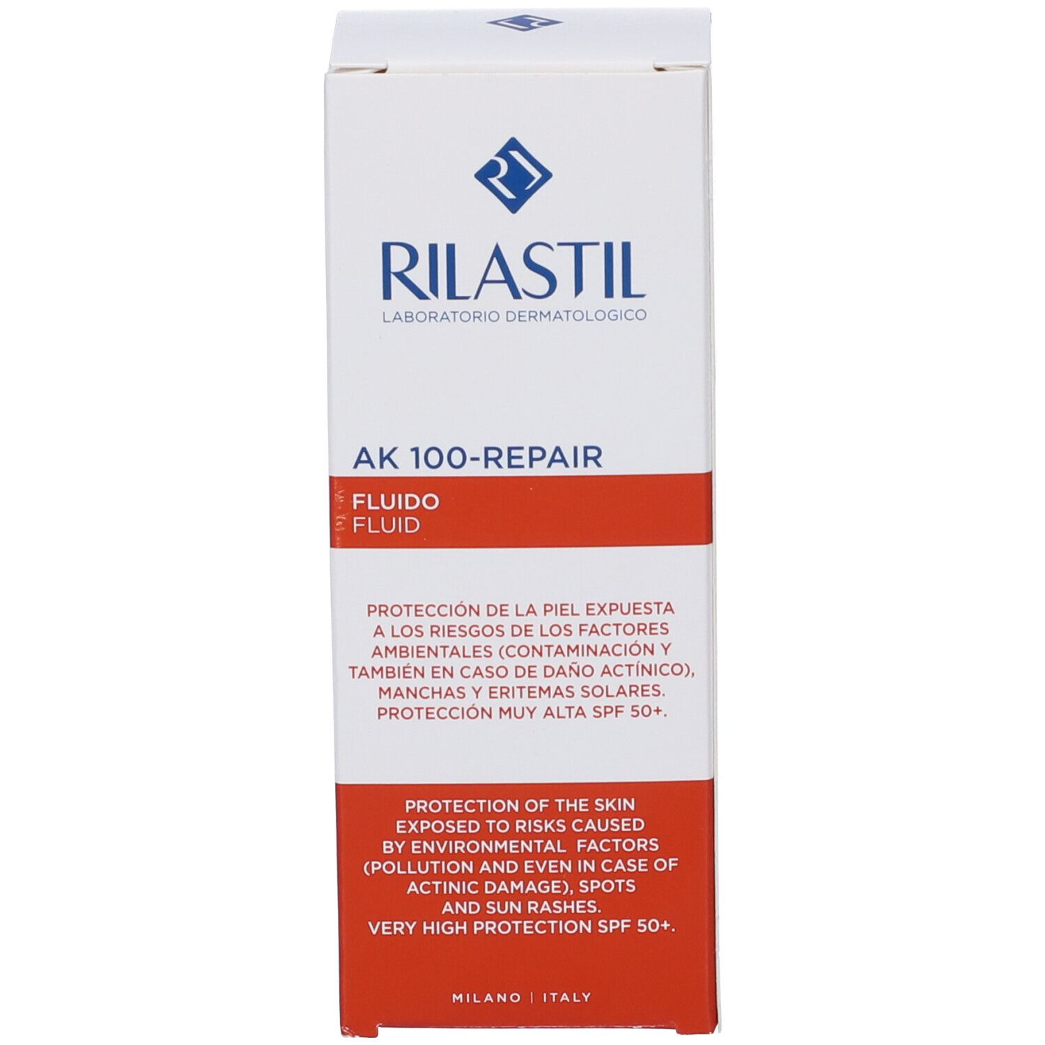 Confezione Rilastil AK 100-Repair Fluid. Bianco con banda rossa. Testo e logo.
