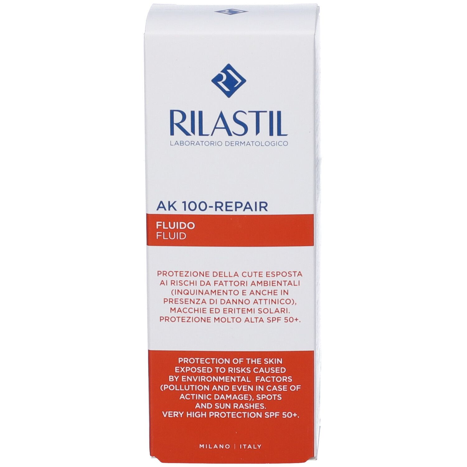 Confezione Rilastil AK 100-Repair Fluid. Bianco con banda rossa. Testo e logo.