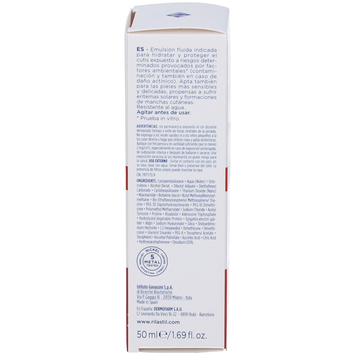 Retro della confezione Rilastil AK 100-Repair Fluid. Testo multilingue. 50ml/1.69 fl.oz.