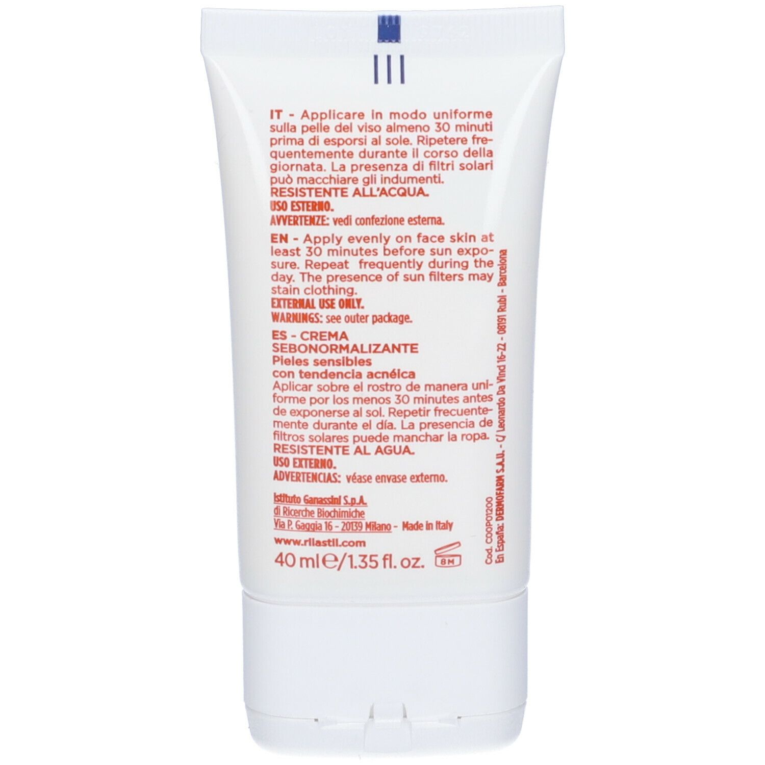 Retro di un tubo bianco. Testo in più lingue. Marchio: Rilastil. Volume: 40 ml.