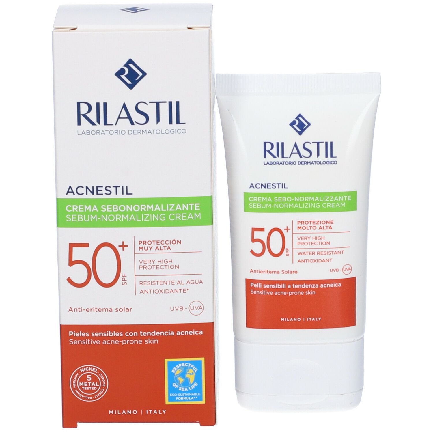 Confezione del prodotto con tubo. Scatola e tubo bianchi. Scritto: Acnestil, SPF 50+. Marchio: Rilastil.