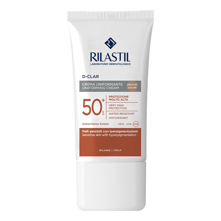 RILASTIL® D-CLAR Creme. Uniformierende Creme mit SPF 50+. Sehr hoher Schutz. Wasserfest. Für empfindliche Haut mit Hyperpigmentierung.
