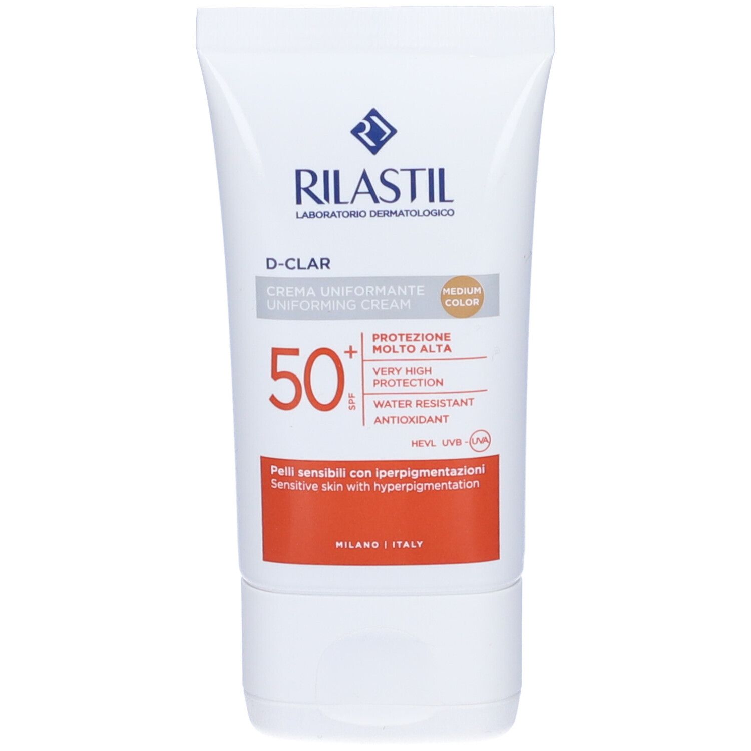 RILASTIL® D-CLAR Creme. Uniformierende Creme mit SPF 50+. Sehr hoher Schutz. Wasserfest. Für empfindliche Haut mit Hyperpigmentierung.
