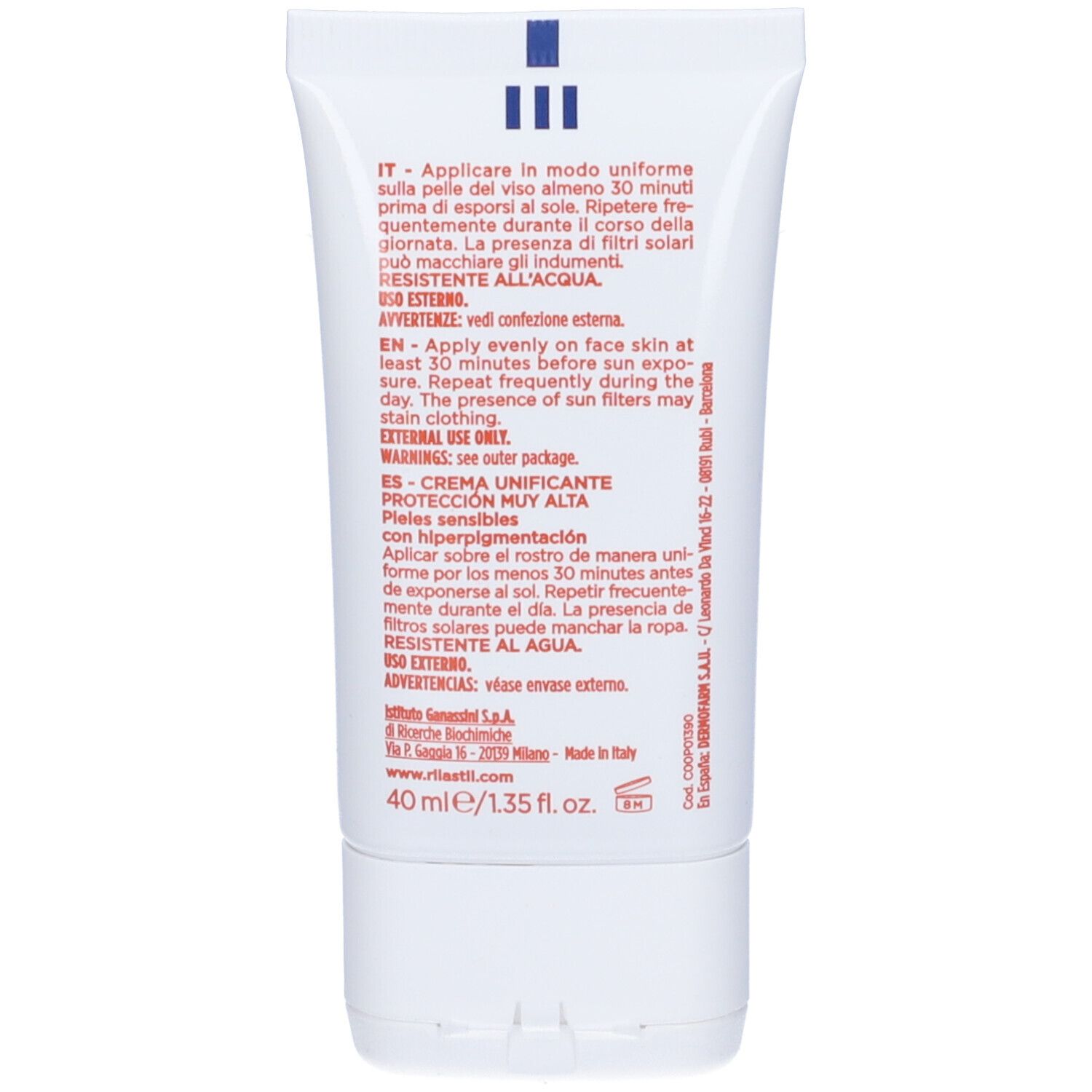 Rückseite der RILASTIL® D-CLAR Creme. Anwendungshinweise in Italienisch, Englisch und Spanisch. 40 ml.