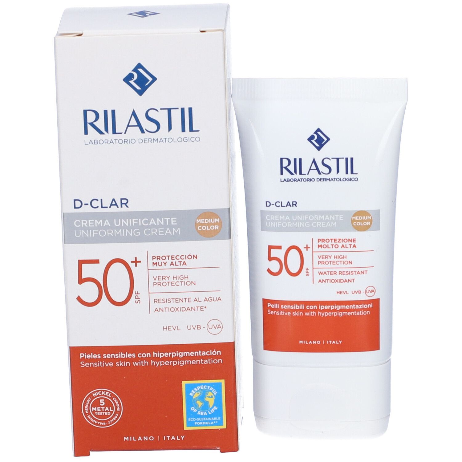 RILASTIL® D-CLAR Creme und Verpackung. SPF 50+. Sehr hoher Schutz. Für empfindliche Haut mit Hyperpigmentierung. 5 Metal Test.