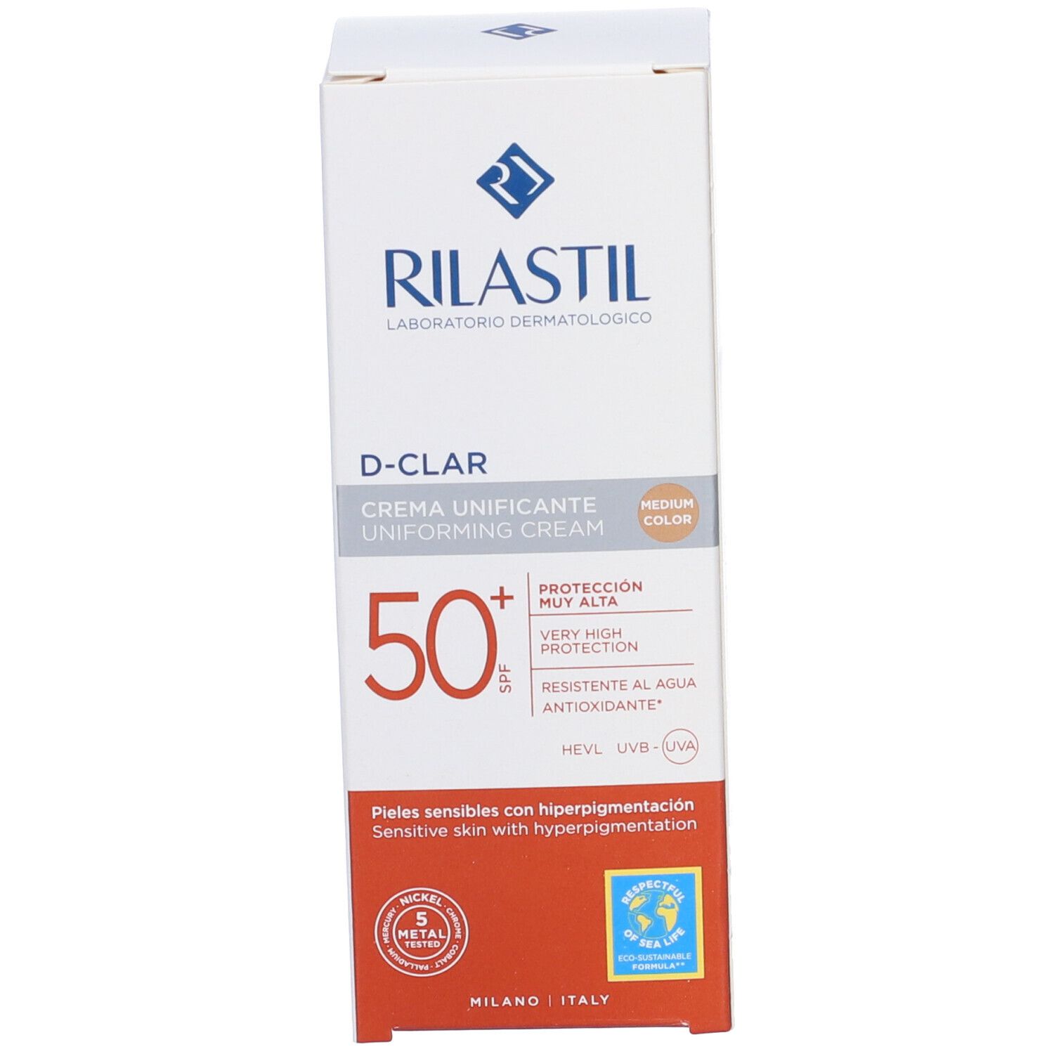 RILASTIL® D-CLAR Verpackung. SPF 50+. Sehr hoher Schutz. Für empfindliche Haut mit Hyperpigmentierung. 5 Metal Test.