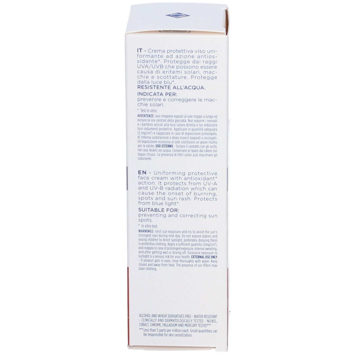 Rückseite der RILASTIL® D-CLAR Verpackung. Anwendungshinweise in Italienisch, Englisch und Spanisch. Inhaltsstoffe.