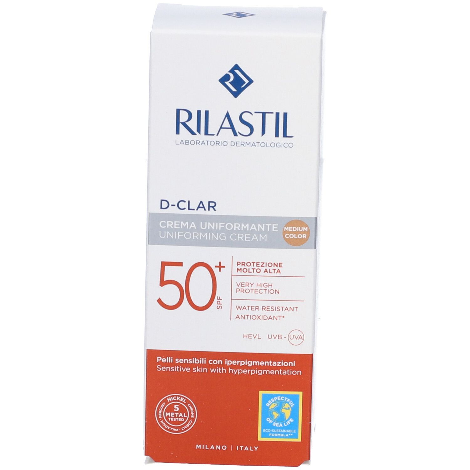 RILASTIL® D-CLAR Creme und Verpackung. SPF 50+. Sehr hoher Schutz. Für empfindliche Haut mit Hyperpigmentierung.