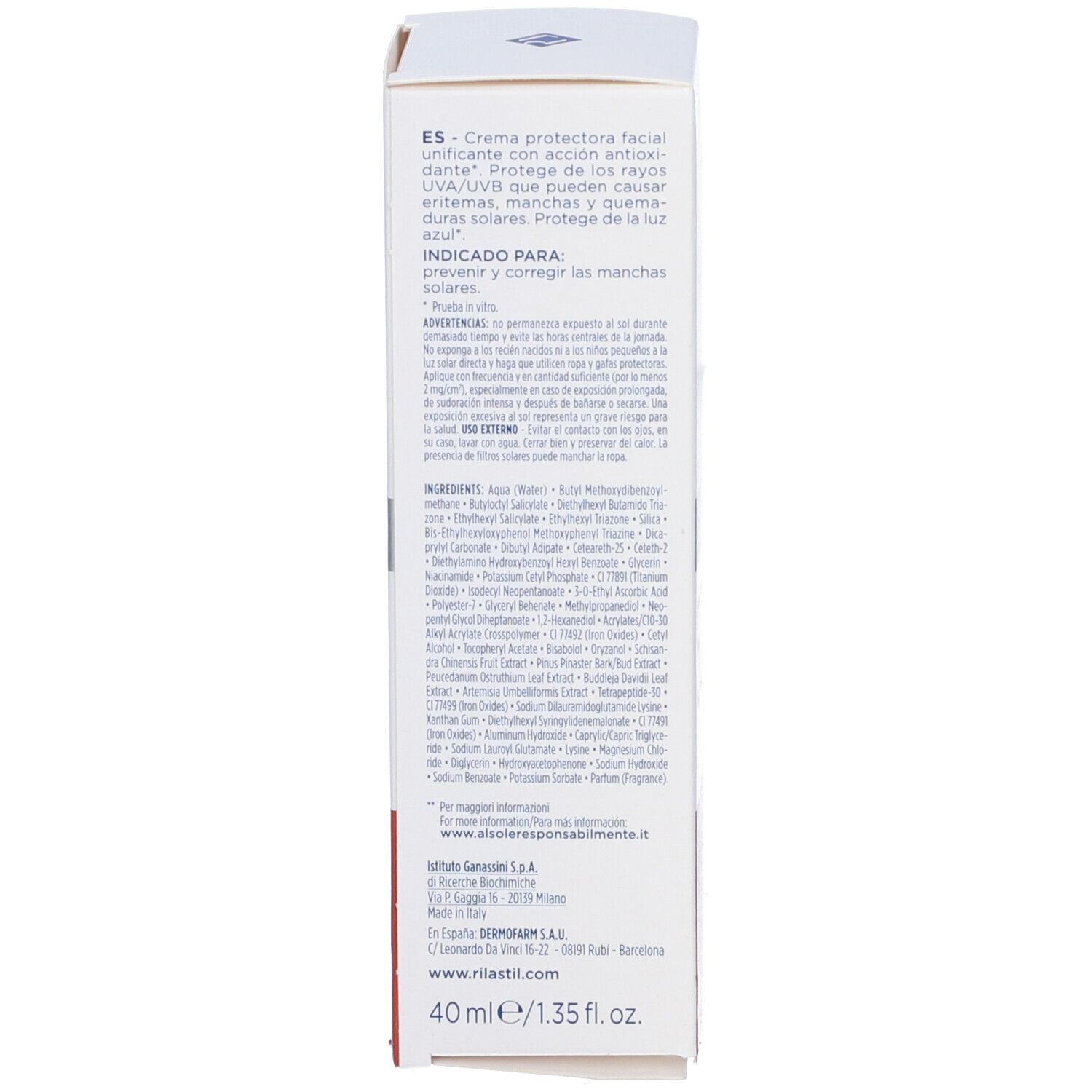 Rückseite der RILASTIL® D-CLAR Verpackung. Anwendungshinweise in Italienisch, Englisch und Spanisch. 40 ml.
