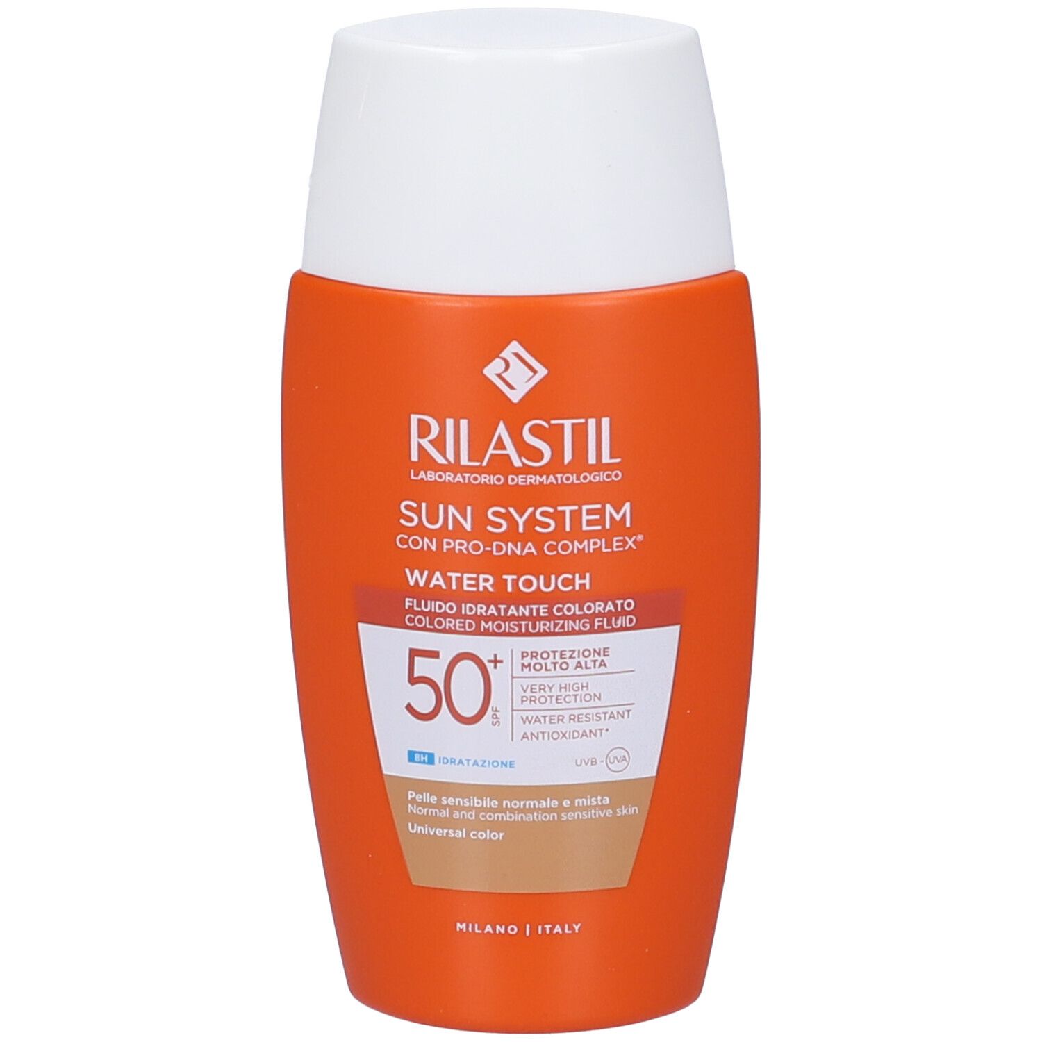 Flacone arancione con tappo bianco. Testo: Rilastil Sun System Water Touch Fluido, SPF 50+, formula colorata.