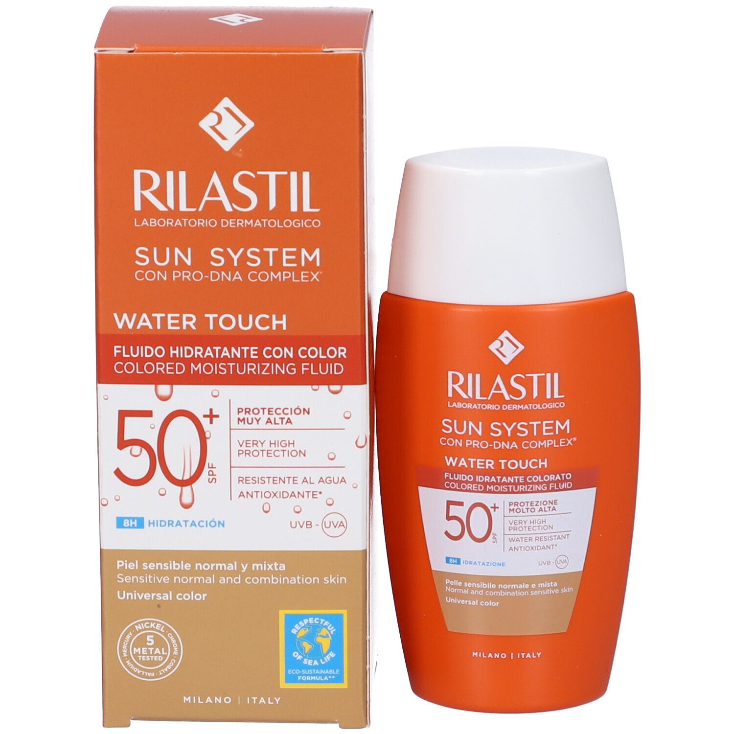 Confezione e flacone. Testo: Rilastil Sun System Water Touch Fluido, SPF 50+.