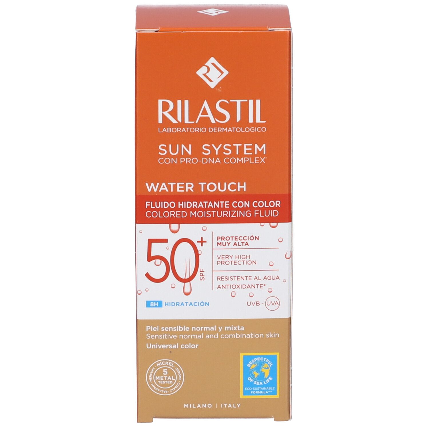 Confezione del prodotto. Testo: Rilastil Sun System Water Touch Fluido, SPF 50+.