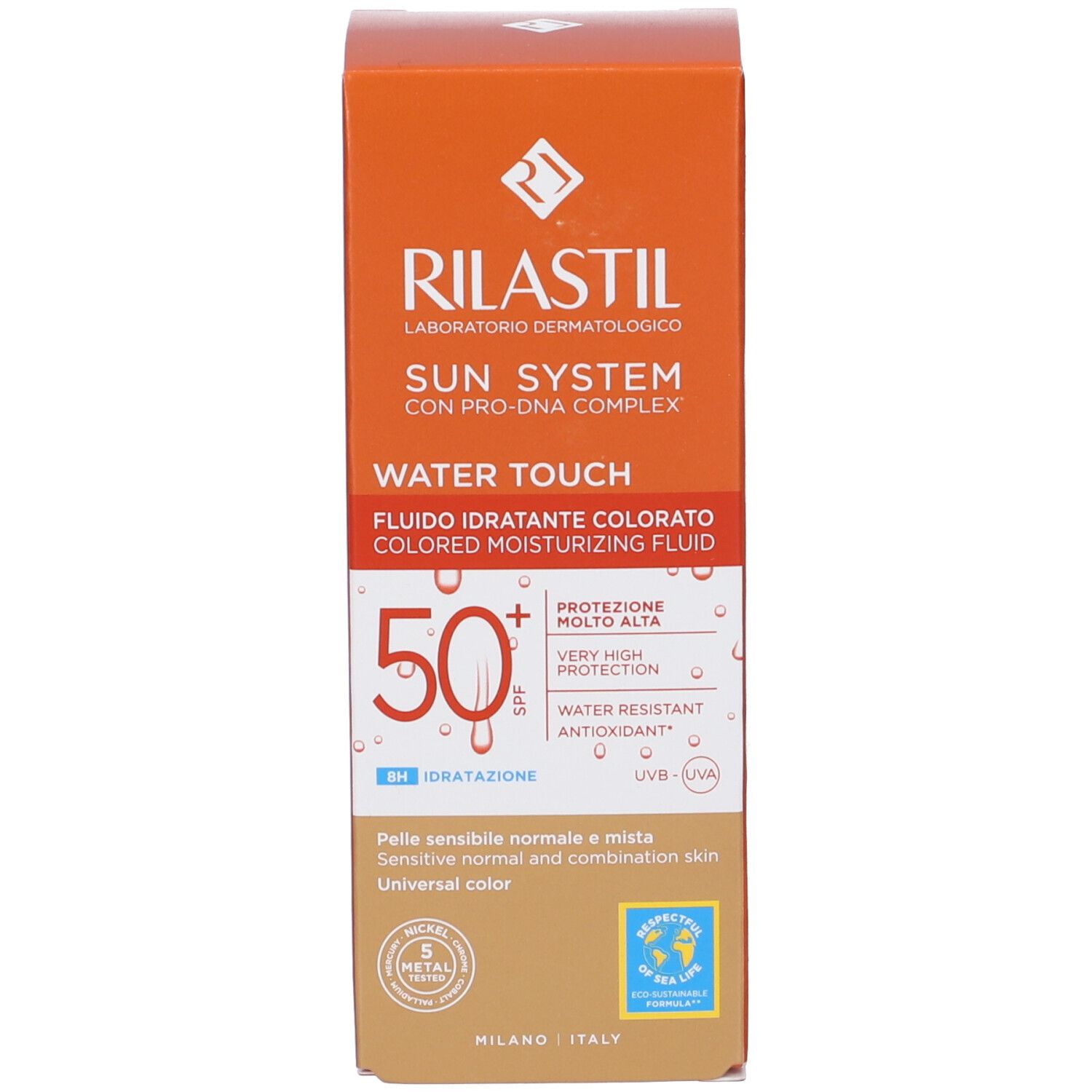 Confezione del prodotto. Testo: Rilastil Sun System Water Touch Fluido, SPF 50+.