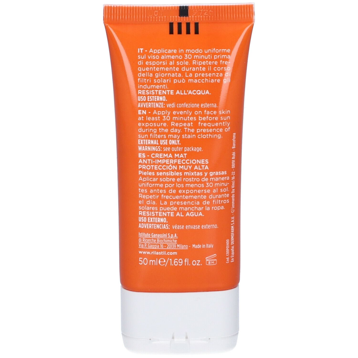 Retro di un tubo arancione. Testo: Istruzioni per l'uso multilingue, 50 ml.