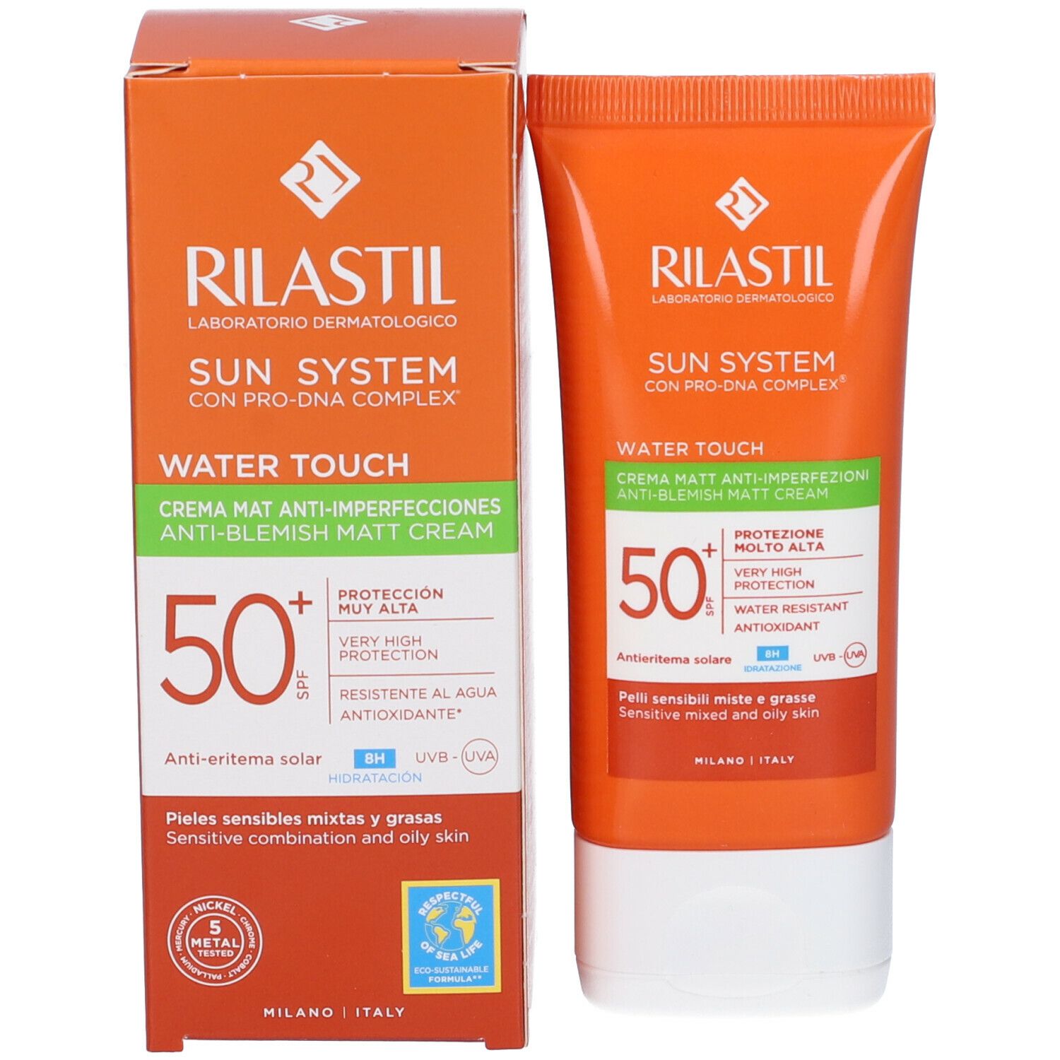 Confezione con tubo e scatola. Testo: Rilastil Sun System Water Touch, SPF 50+, Crema Matt Anti-Imperfezioni.