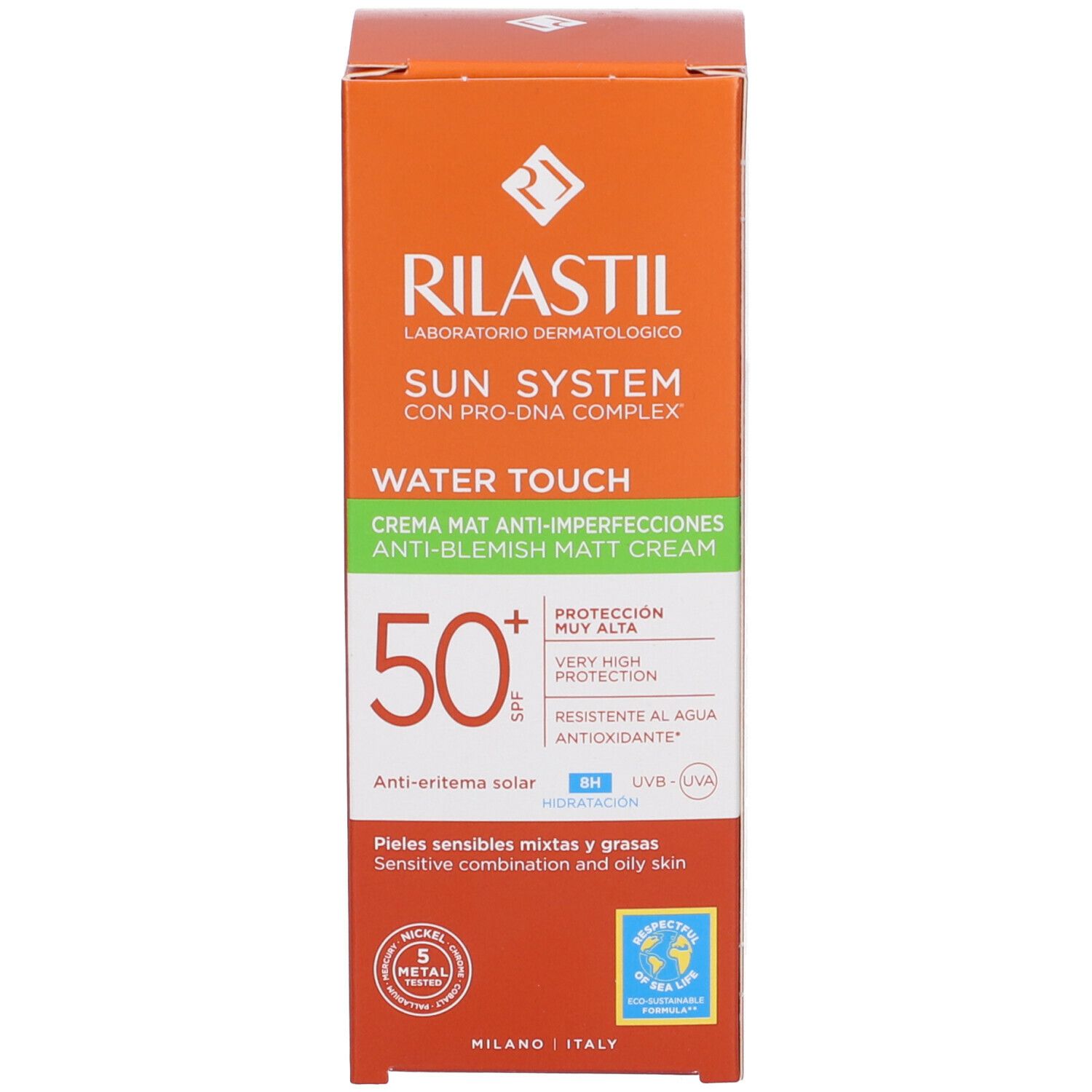 Confezione. Testo: Rilastil Sun System Water Touch, SPF 50+, Crema Matt Anti-Imperfezioni. Testato al nichel.