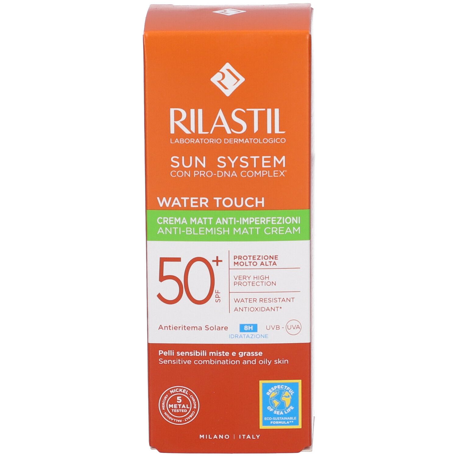 Confezione. Testo: Rilastil Sun System Water Touch, SPF 50+, Crema Matt Anti-Imperfezioni. Testato al nichel.
