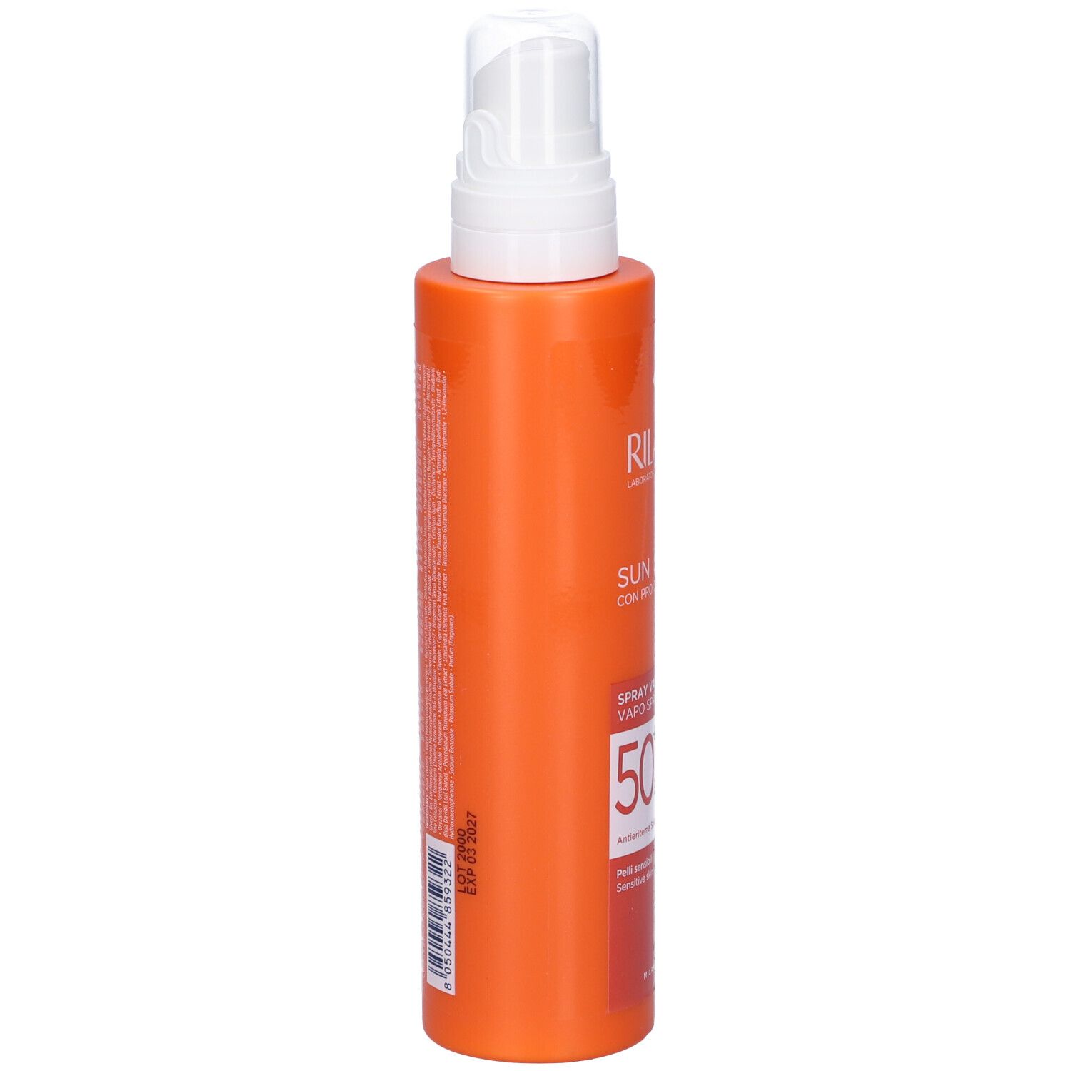 Orangefarbene Sprühflasche mit weißem Sprühkopf. Rückseite mit Text.
