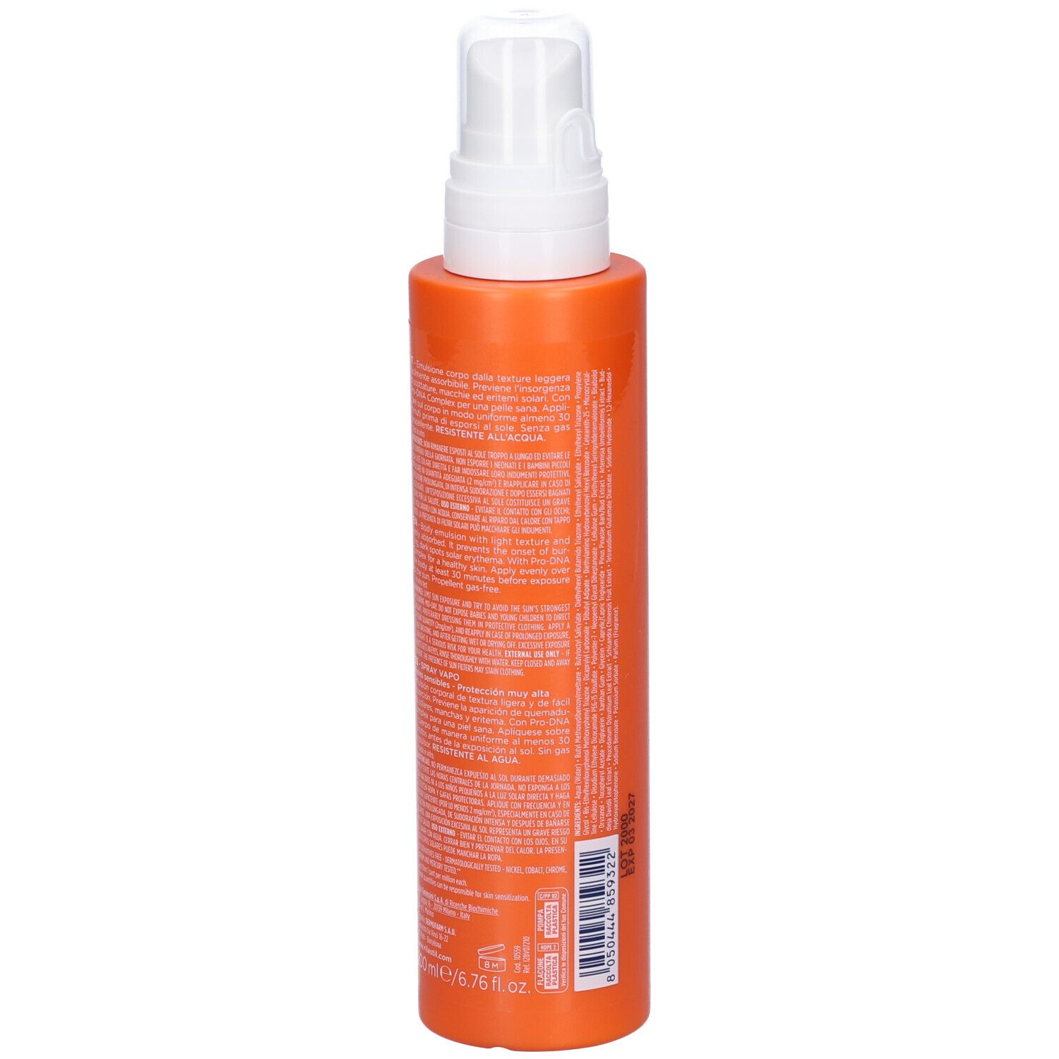 Orangefarbene Sprühflasche mit weißem Sprühkopf. Rückseite mit Text.