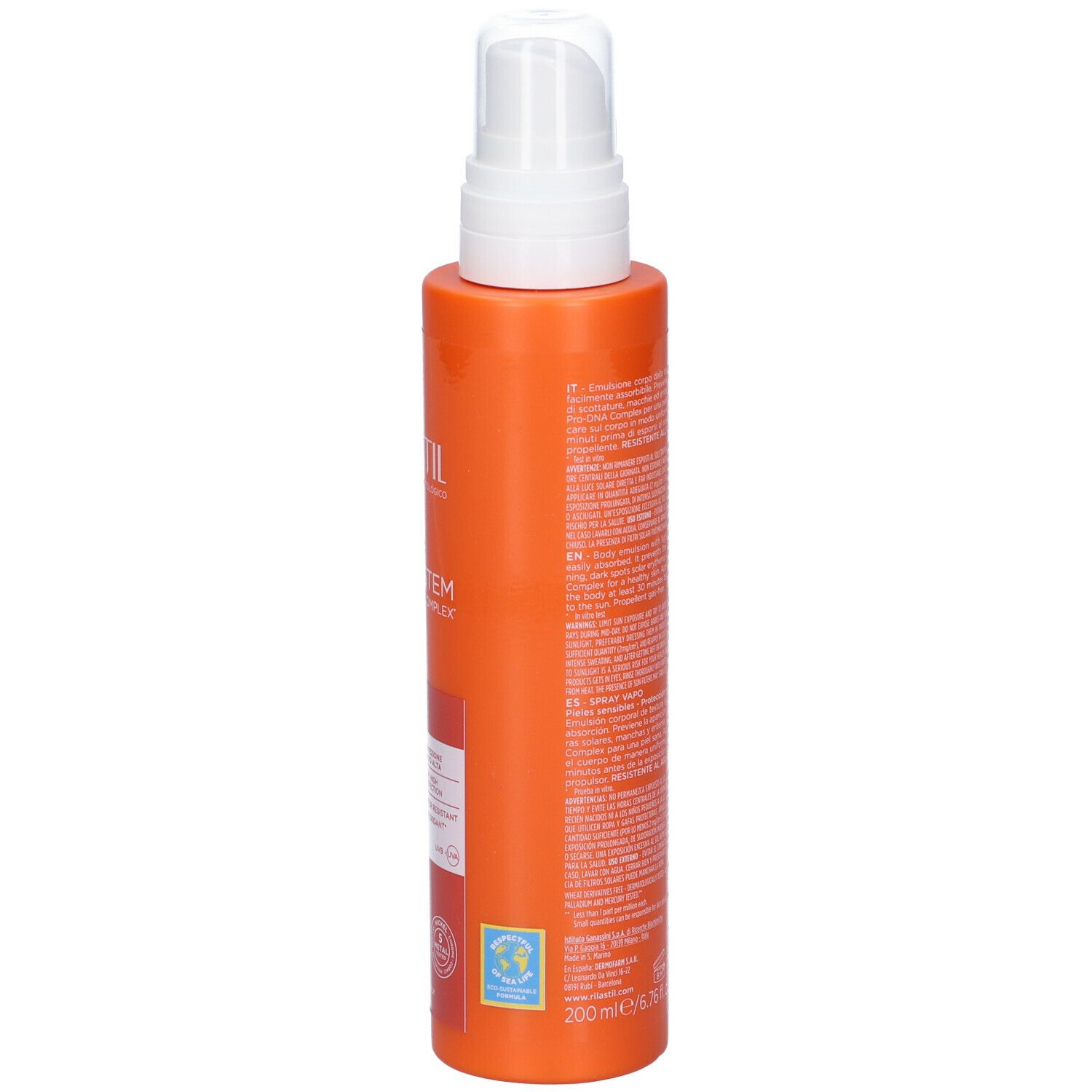 Orangefarbene Sprühflasche mit weißem Sprühkopf. RILASTIL Sun System Spray Vapo SPF 50+.