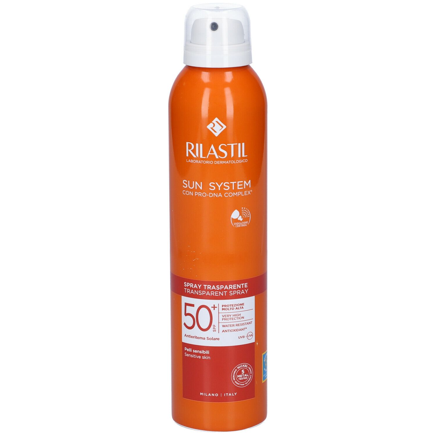 Flacone spray arancione con erogatore bianco. Testo: RILASTIL, SUN SYSTEM, Spray Trasparente SPF 50+.