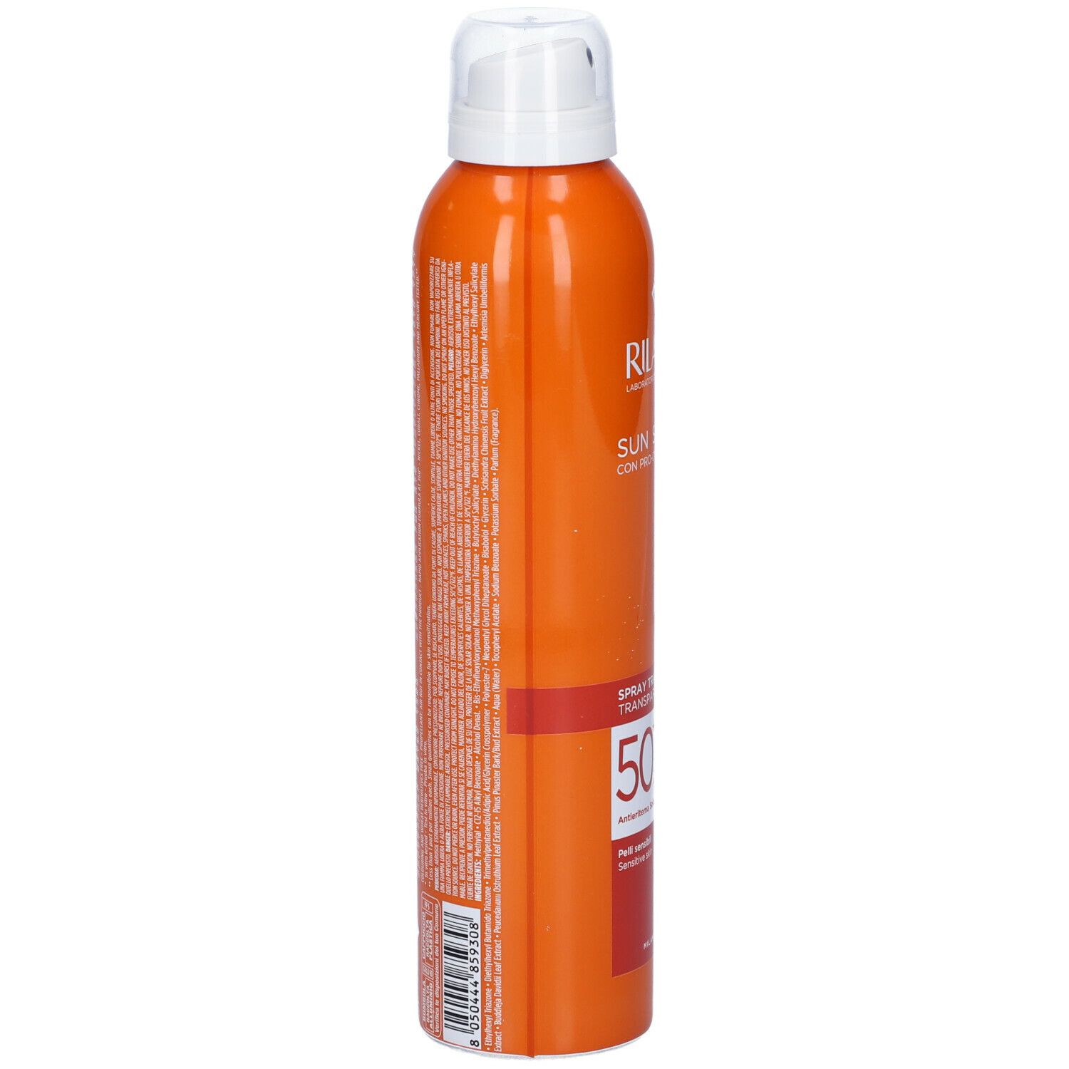 Flacone spray arancione con erogatore bianco. Testo sul lato.