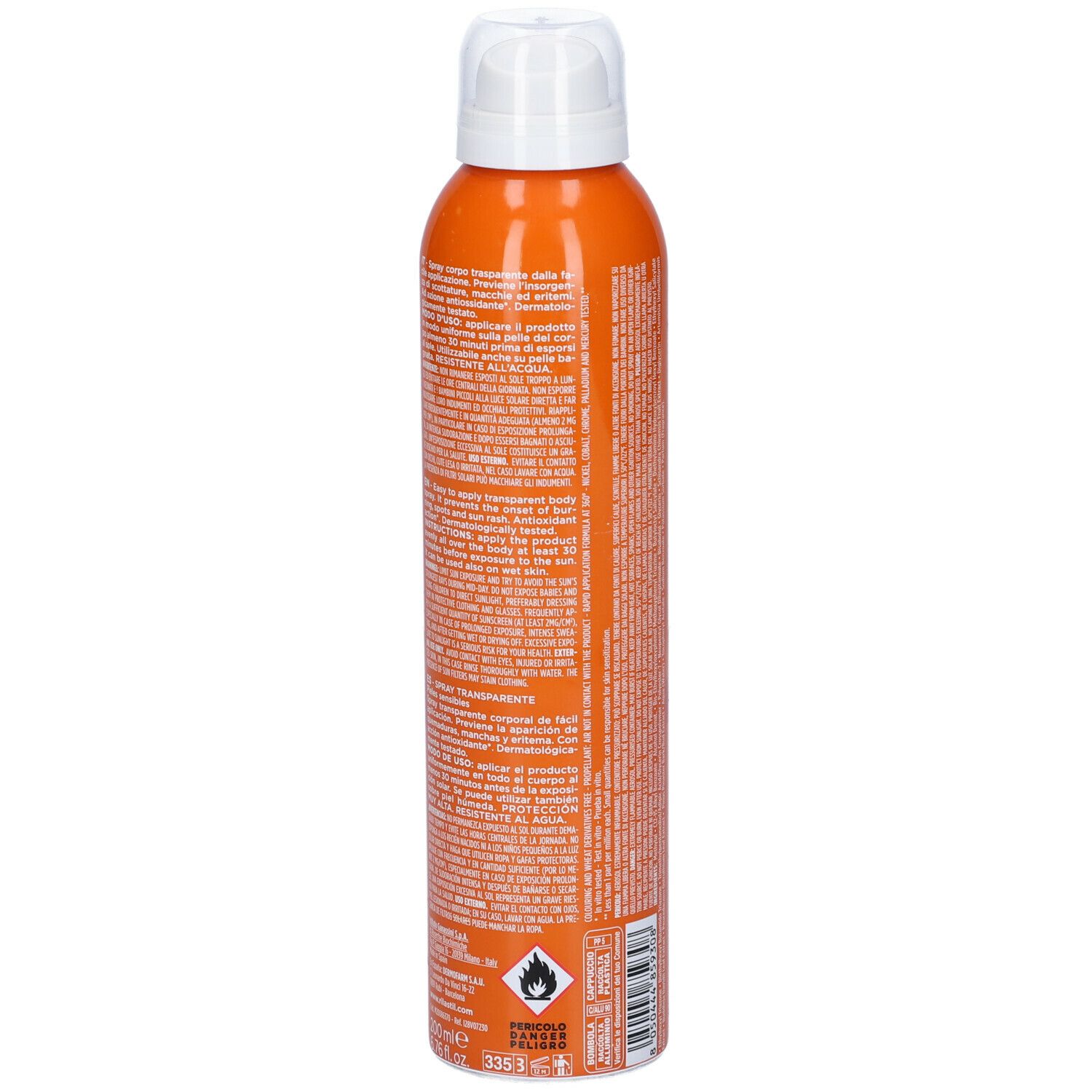 Flacone spray arancione con erogatore bianco. Testo sul retro.