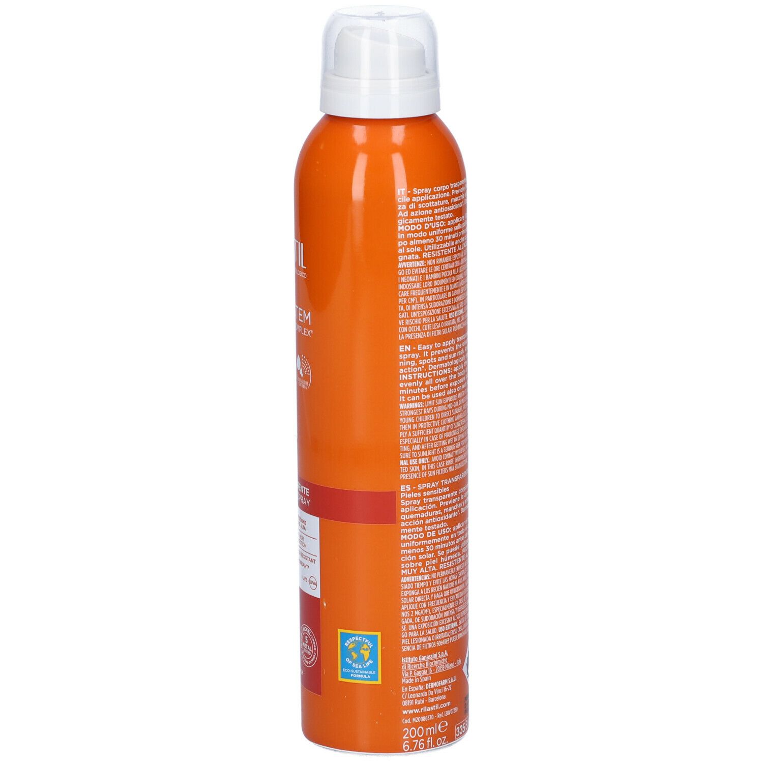 Flacone spray arancione con erogatore bianco. Testo sul lato.