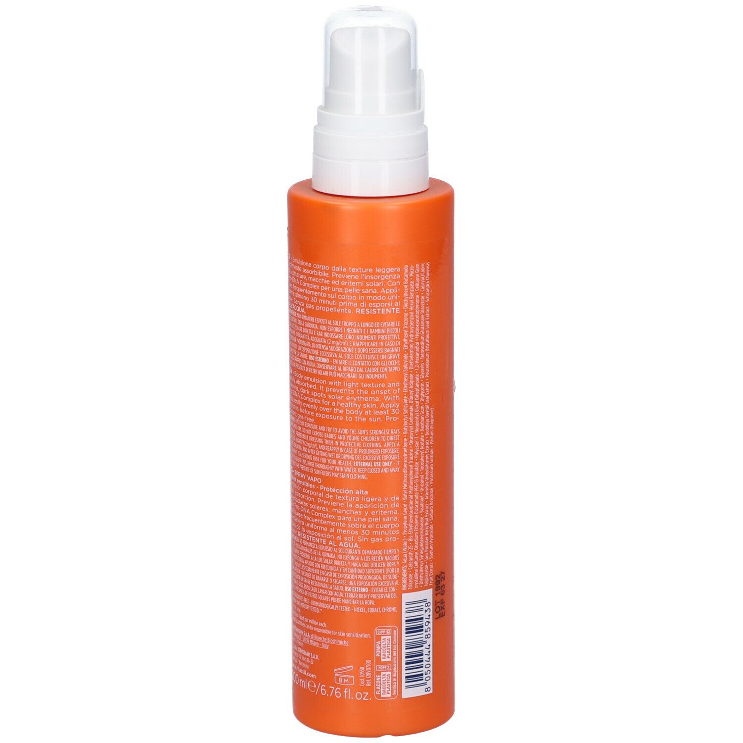 Flacone spray arancione con erogatore bianco. Retro con testo. Dettagli e ingredienti.