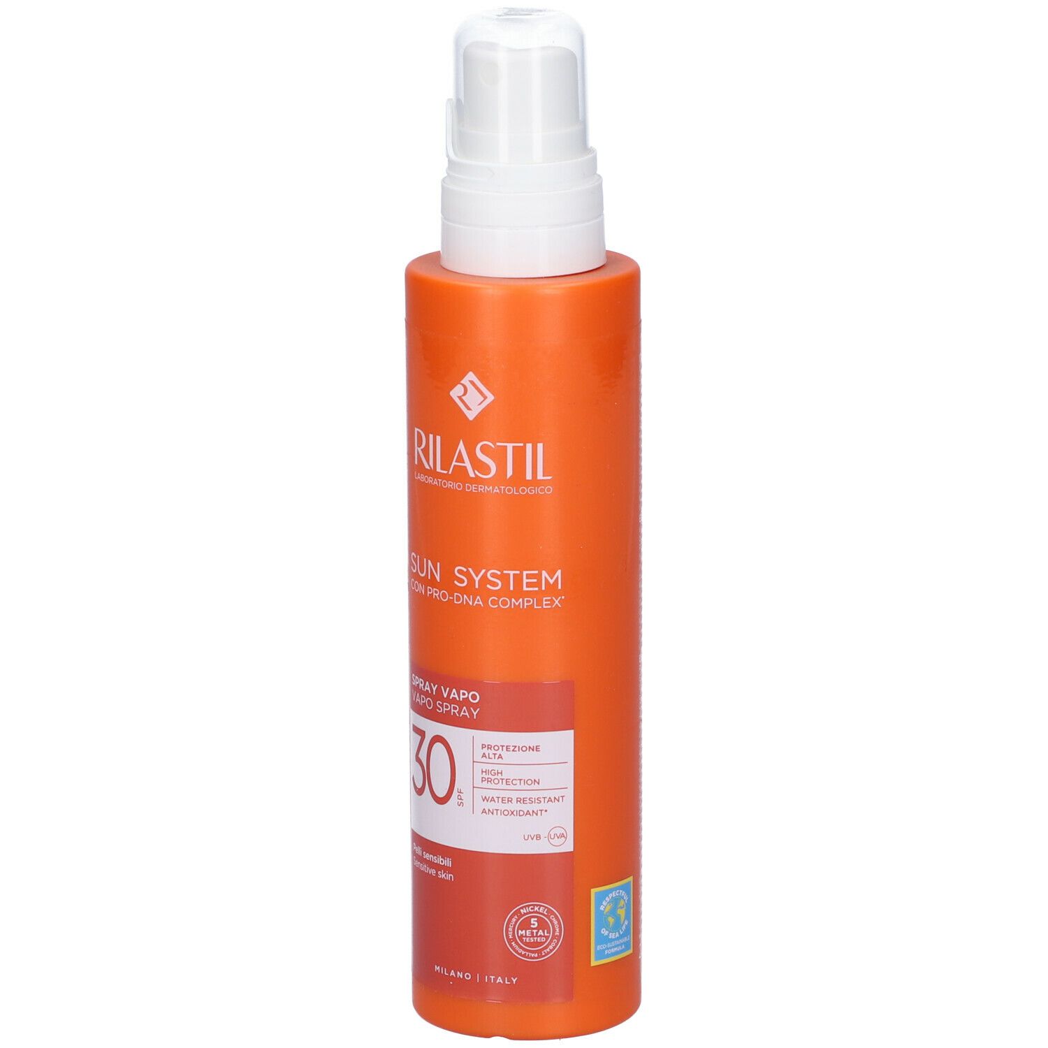 Flacone spray arancione con erogatore bianco. Testo: Rilastil Sun System, SPF 30. Per pelli sensibili.