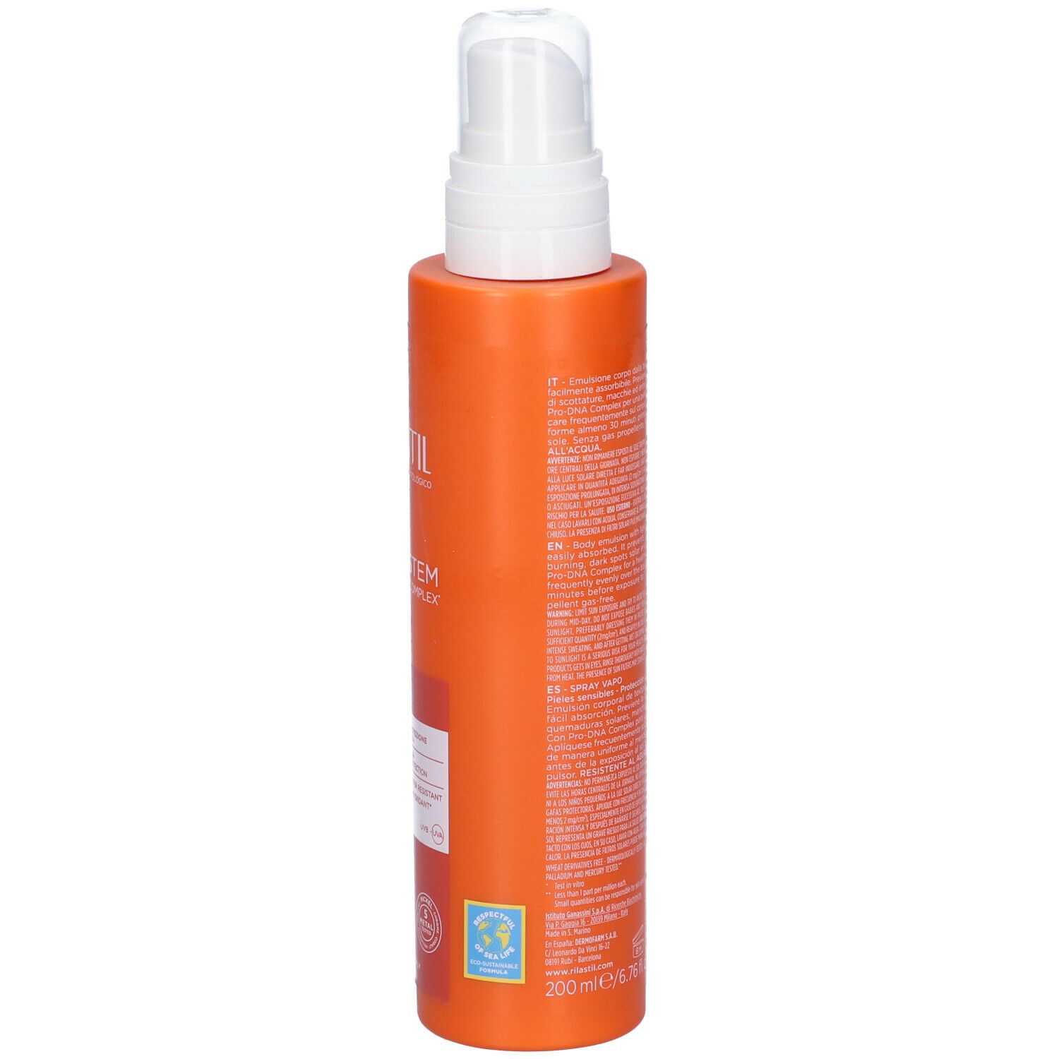 Flacone spray arancione con erogatore bianco. Testo sul lato. Retro con testo e logo.