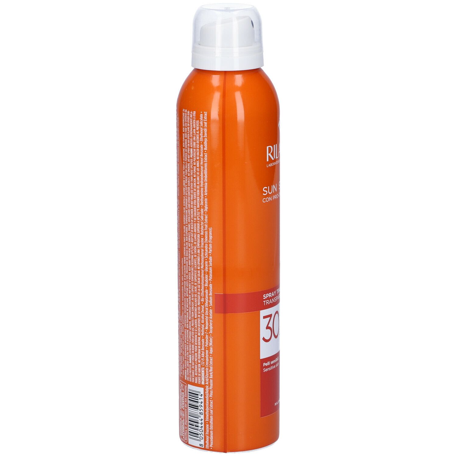 Flacone spray arancione. Scritte e testo sul lato. Erogatore bianco. Rilastil Sun System.