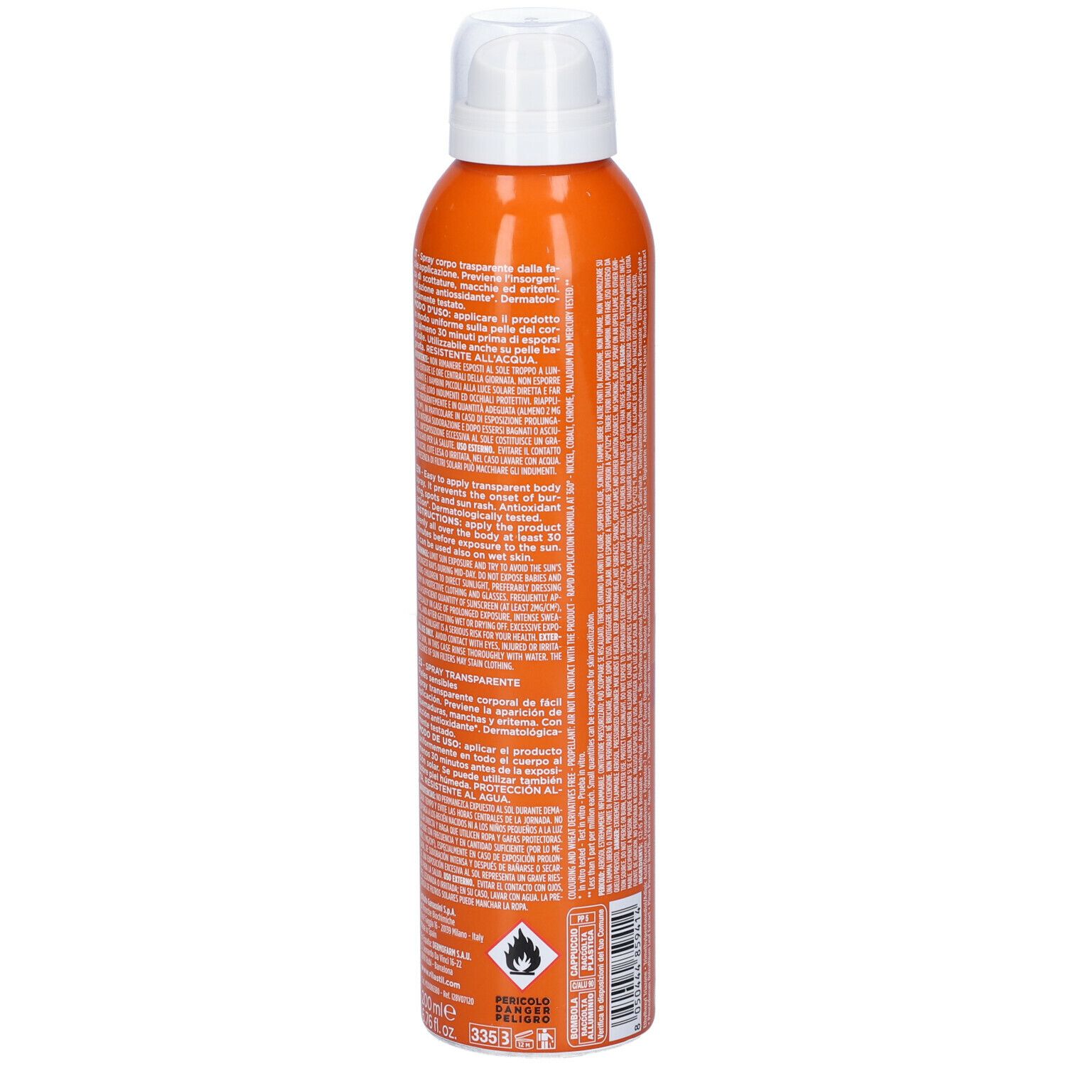 Retro di un flacone spray arancione. Testo e avvertenze. Erogatore bianco. Rilastil Sun System.