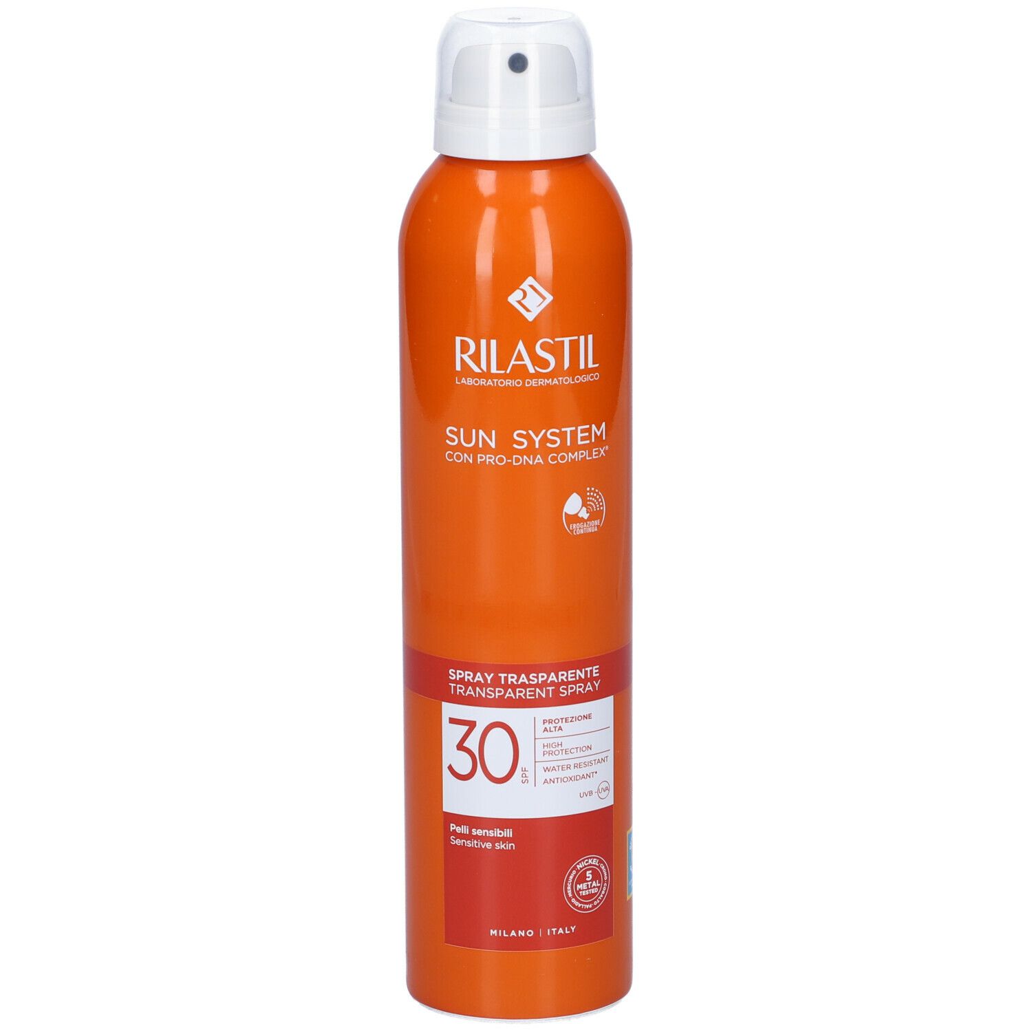 Flacone spray arancione con erogatore bianco. Scritta: Rilastil Sun System, SPF 30. Per pelli sensibili.