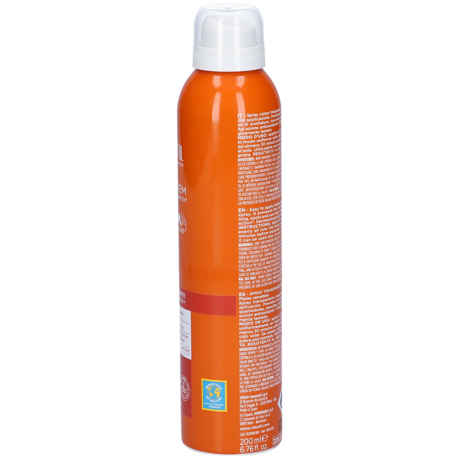 Flacone spray arancione con erogatore bianco. Scritte e testo sul lato. Rilastil Sun System.