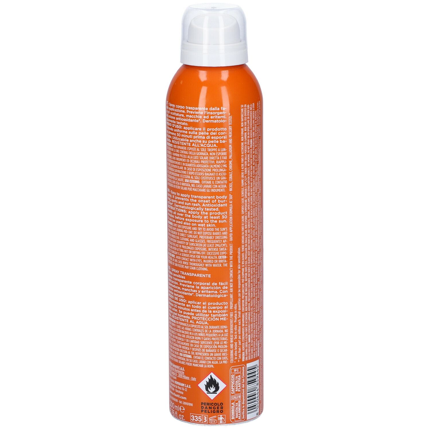 Flacone spray arancione, vista posteriore. Testo: Rilastil Sun System, Spray Trasparente. Informazioni, avvertenze e simboli.