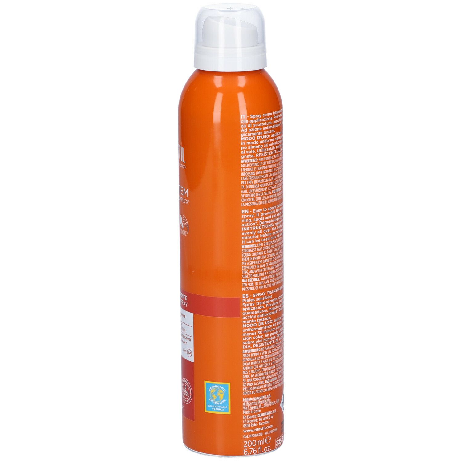 Flacone spray arancione, vista laterale. Testo: Rilastil Sun System, Spray Trasparente. Volume: 200 ml.