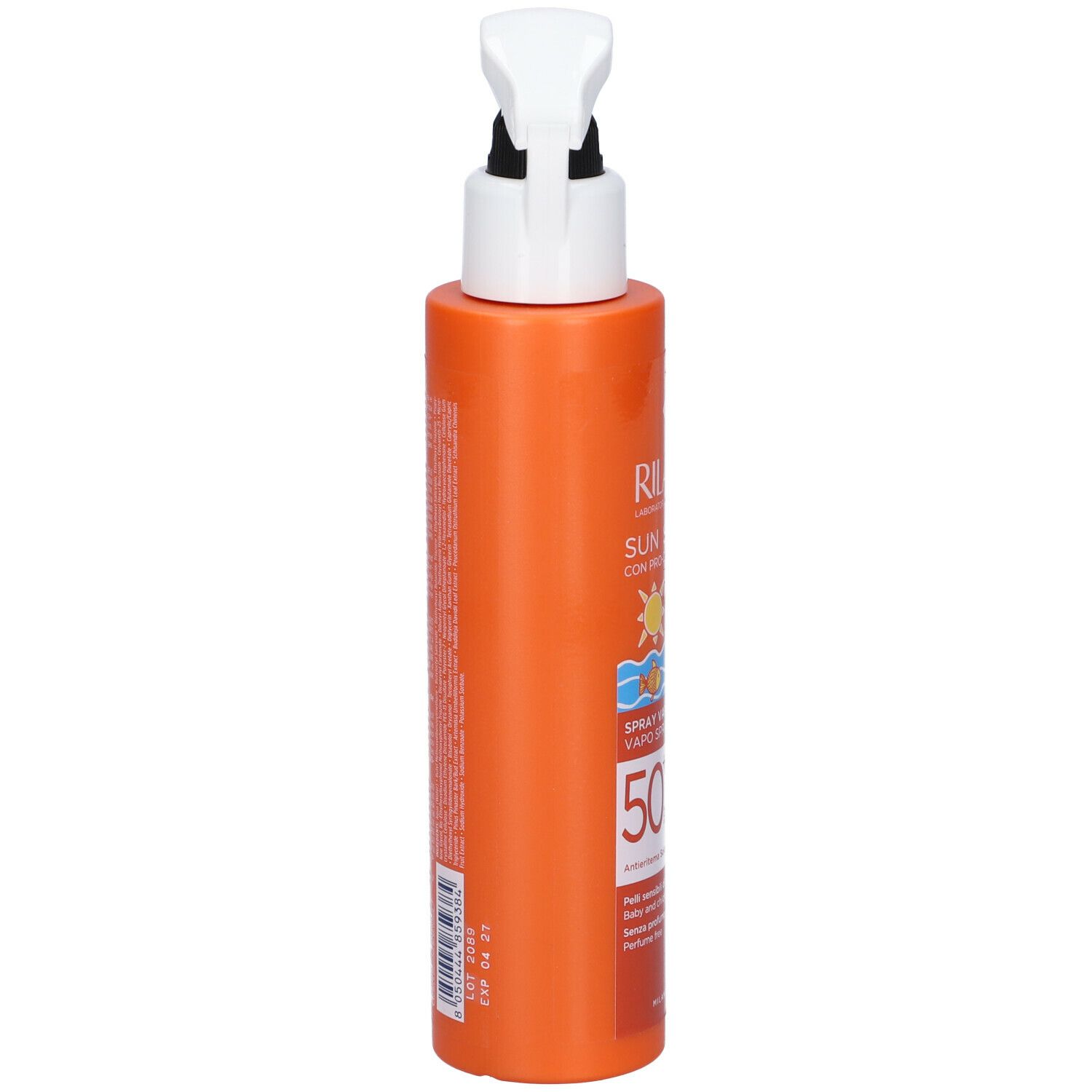 Flacone spray arancione con erogatore bianco. Scritta: Rilastil Sun System Baby, SPF 50. Vista laterale.
