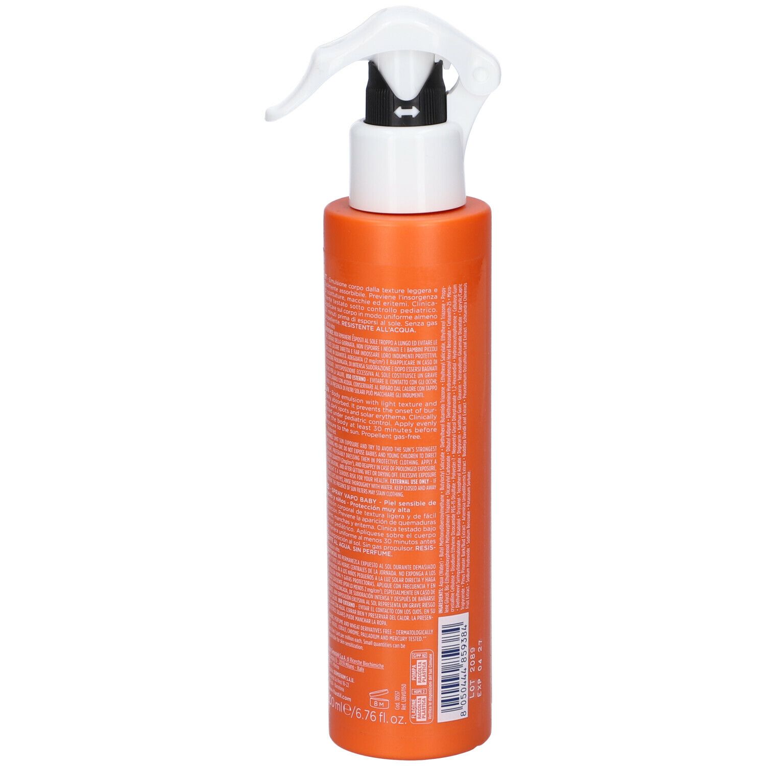 Flacone spray arancione con erogatore bianco. Scritta: Rilastil Sun System Baby, SPF 50. Vista posteriore con testo.