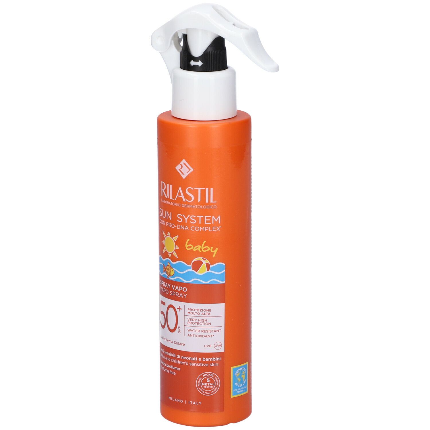Flacone spray arancione con erogatore bianco. Scritta: Rilastil Sun System Baby, SPF 50. Vista del prodotto.