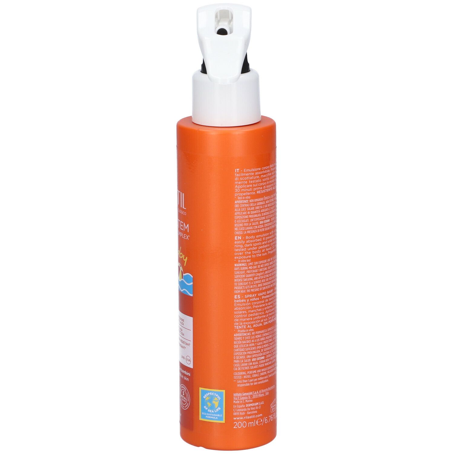 Flacone spray arancione con erogatore bianco. Scritta: Rilastil Sun System Baby, SPF 50. Vista laterale.