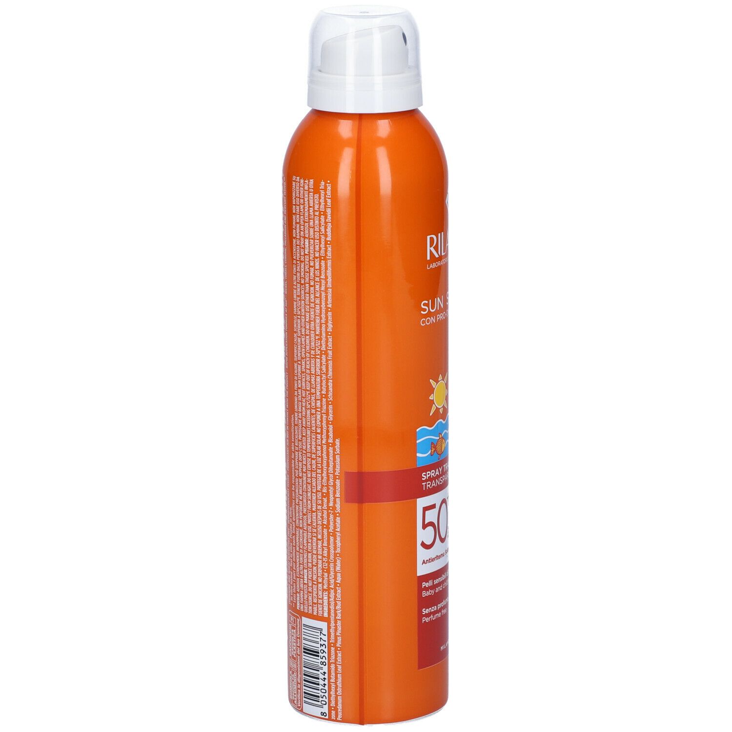 Flacone spray arancione con tappo bianco. Testo sul lato.