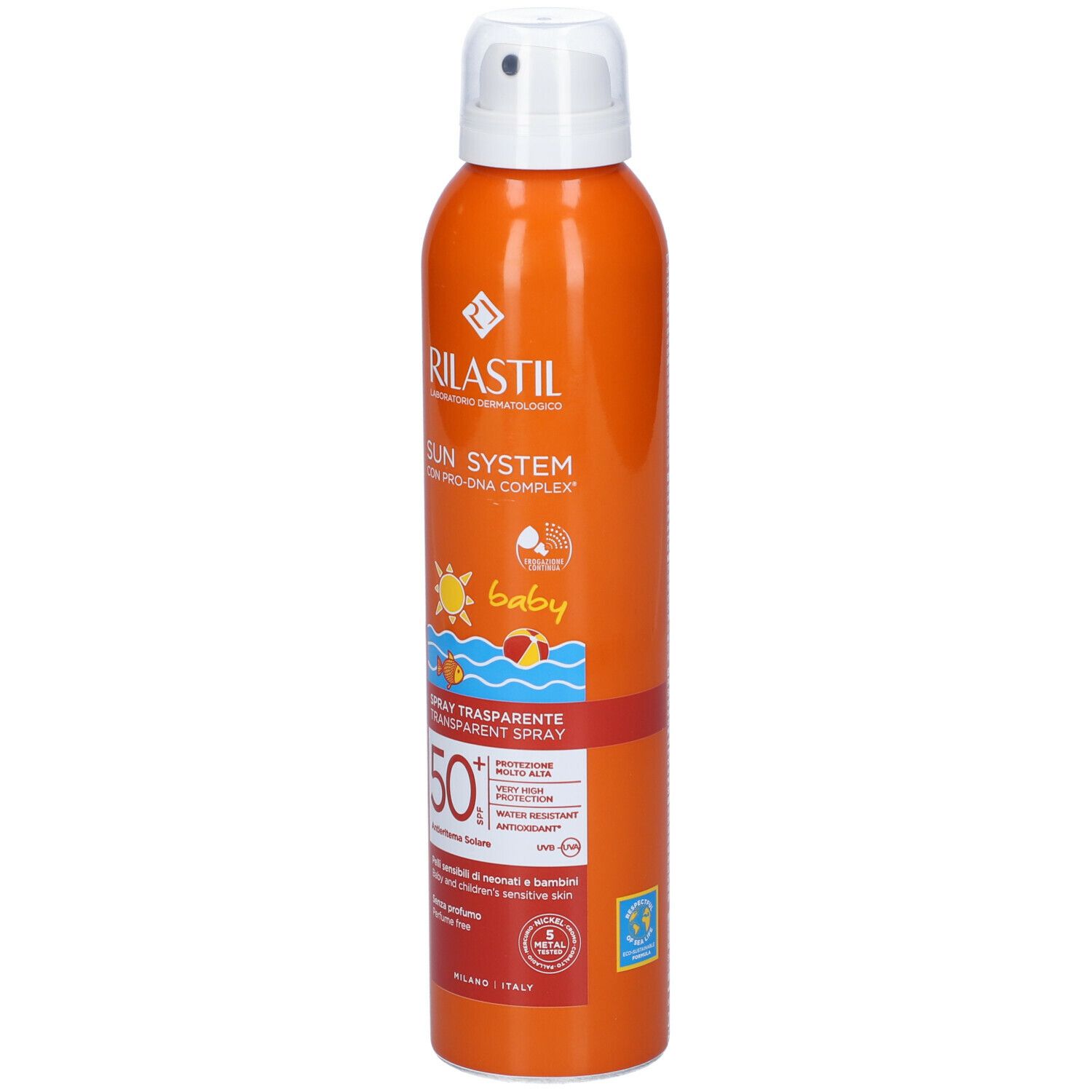 Flacone spray arancione con tappo bianco. Scritta: Rilastil Sun System Baby Spray Trasparente SPF50+.