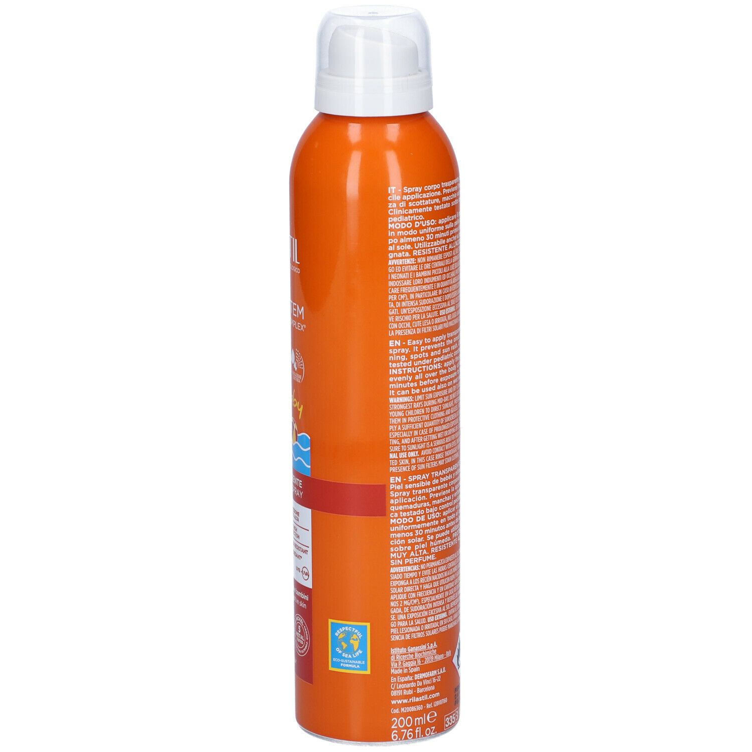 Flacone spray arancione con tappo bianco. Testo e loghi sul lato.