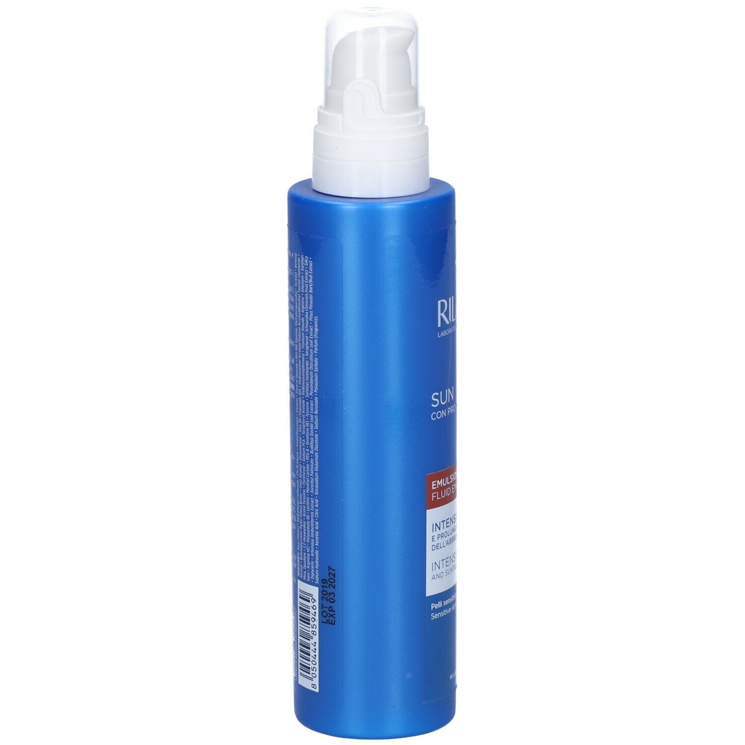 Flacone blu con erogatore bianco. Scritta: Rilastil Sun System. Testo sul lato.