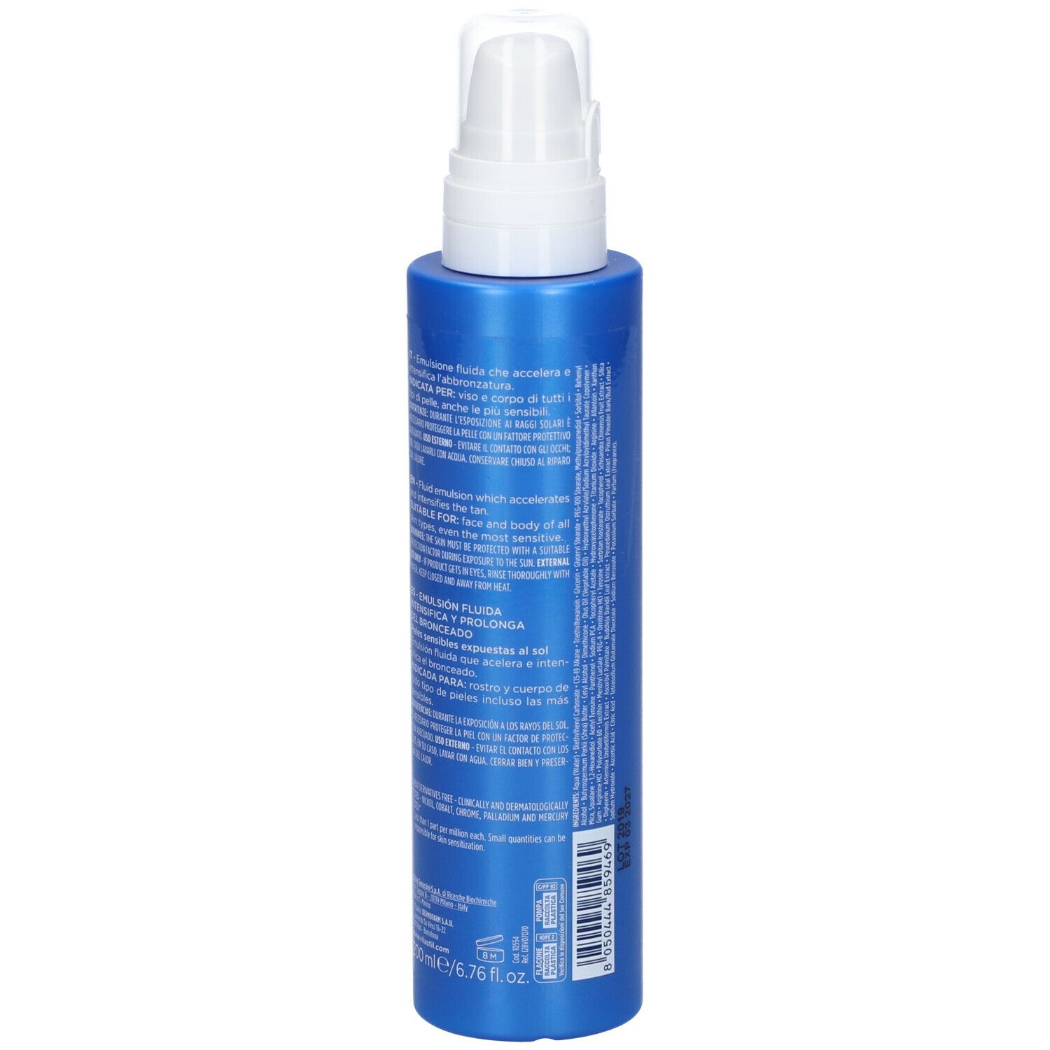Flacone blu con erogatore bianco. Scritta: Rilastil Sun System. Testo sul lato.