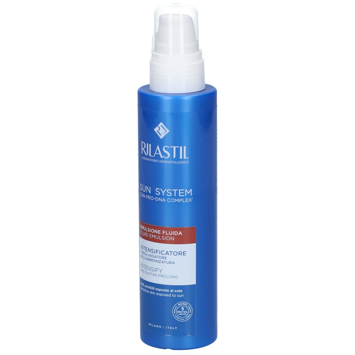 Flacone blu con erogatore bianco. Scritta: Rilastil Sun System Intensificatore. Contiene emulsione.