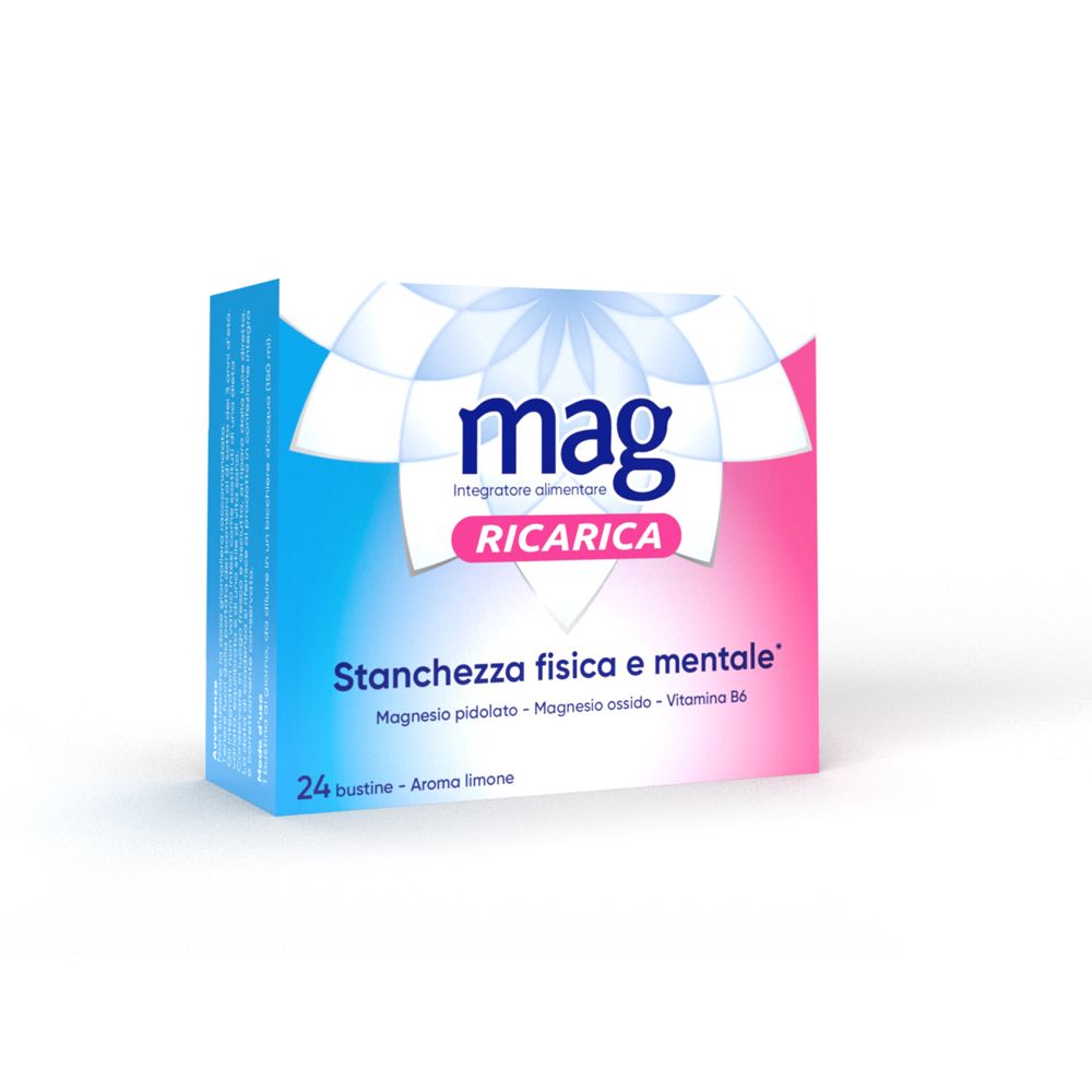 Verpackung von Mag Ricaria. Blaue und rosa Box mit Produktinformationen und Logo.