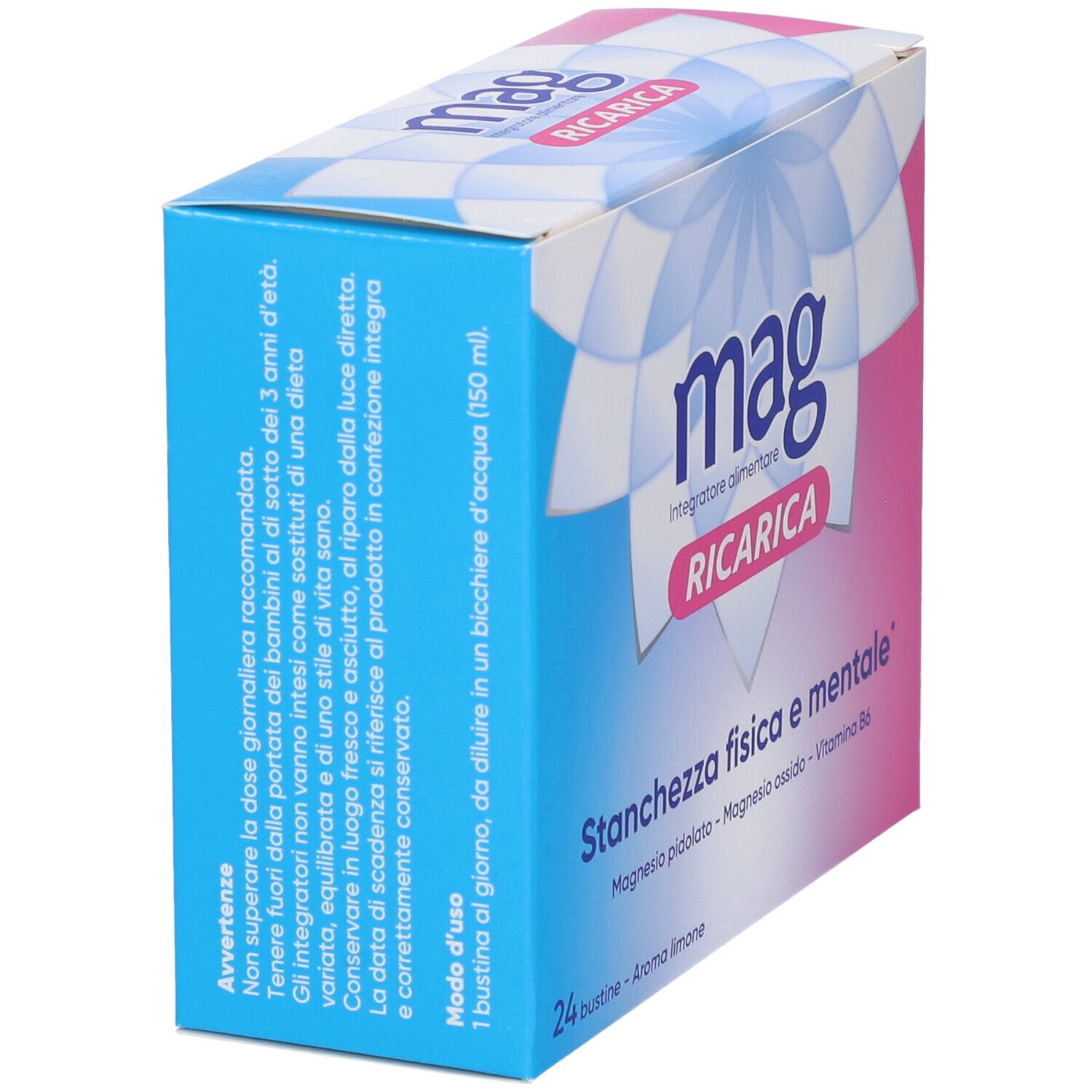 Verpackung von Mag Ricaria. Blaue und rosa Box mit Produktinformationen und Logo.